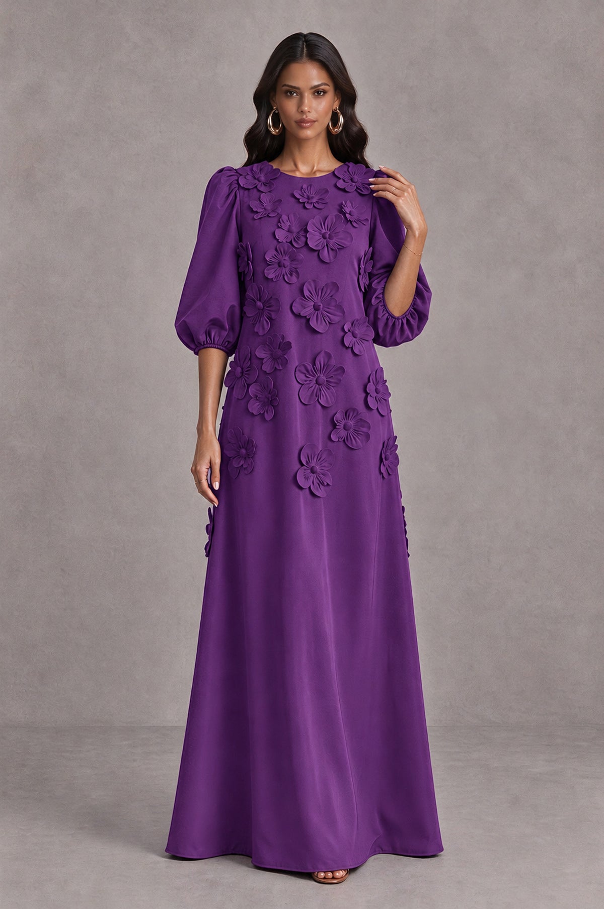 BOLODOO Purple Floral Applique Puff Sleeve A-Line Evening Dress - Purple - Purple (3)