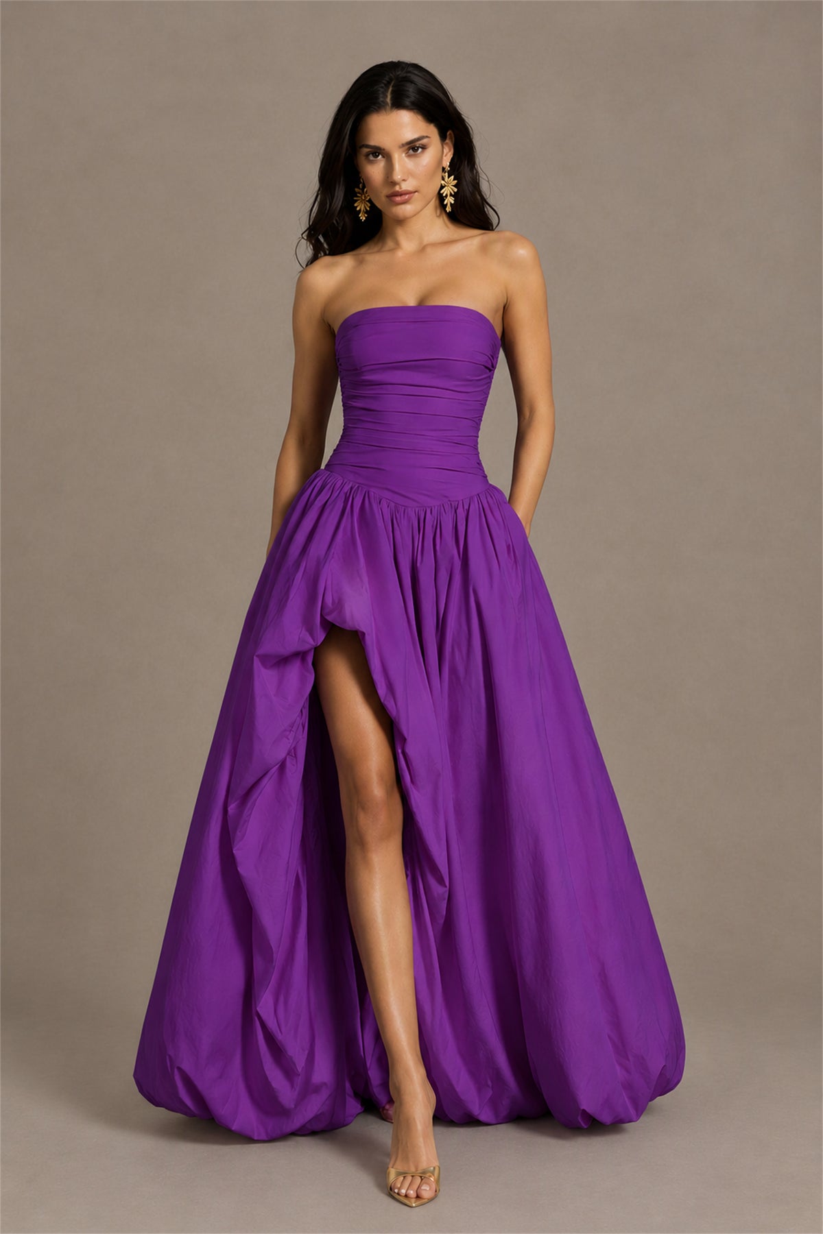 BOLODOO Purple Strapless Ruched Corset Lace-Up Back Bubble Skirt High Slit Taffeta Maxi Dress - Purple
