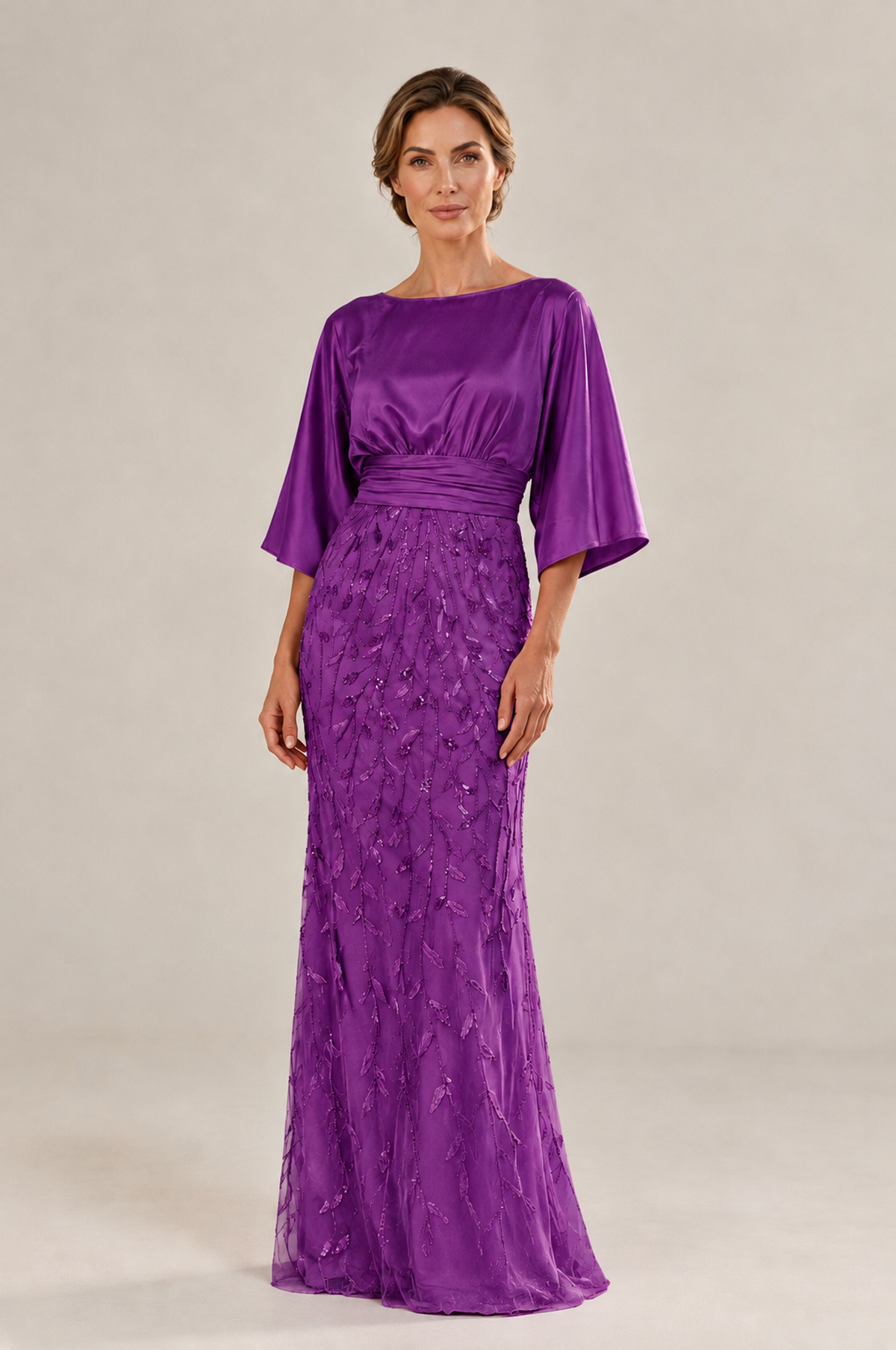 BOLODOO Purple Mother of the Bride Dress with Kimono Sleeves, Satin Bodice & Sequin Embroidered Mermaid Floor-Length Gown - Purple - Purple (3)