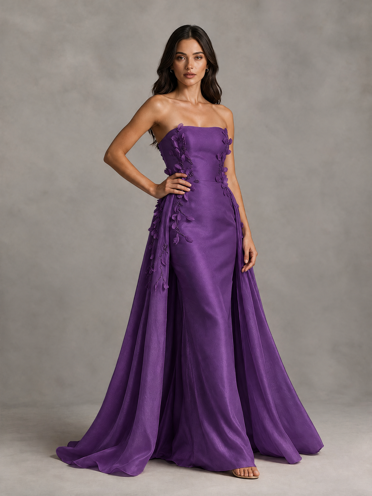 BOLODOO Purple Strapless Floral Applique Prom Dress with Overskirt - Purple - Purple (3)