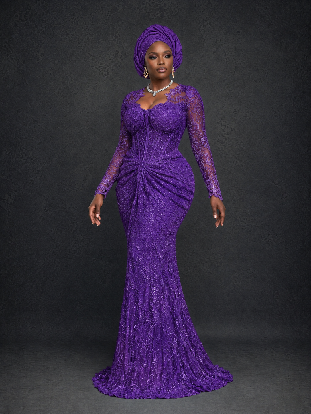 BOLODOO Purple Beaded Lace Long Sleeve Mermaid Gown Sweetheart | Mother of the Bride - Purple