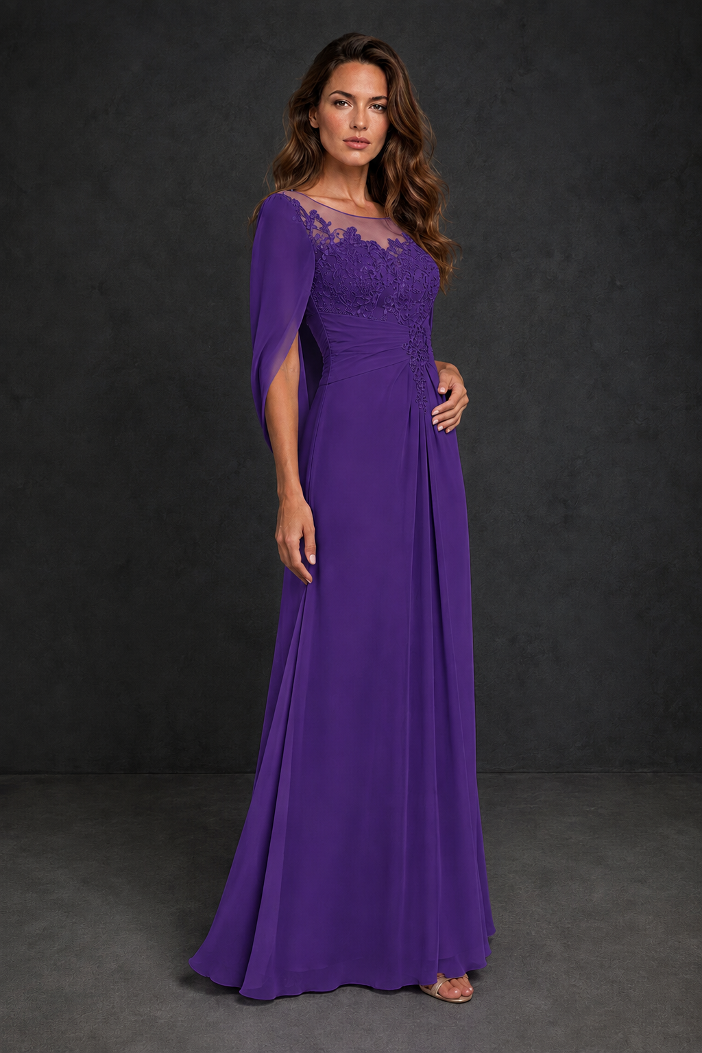 BOLODOO Purple Illusion Lace One-Side Cape Sleeve Beaded Chiffon Floor Length Gown | Mother of the Bride Evening Dress - Purple