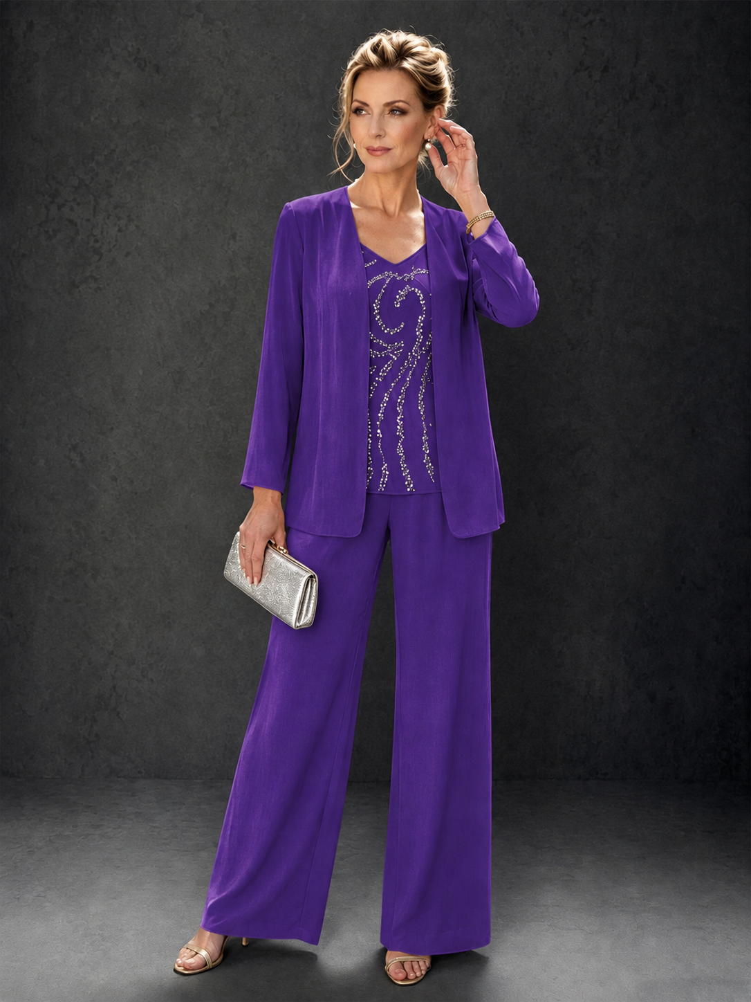 BOLODOO Purple 3-Piece Mother of the Bride Pant Suit with Beaded Top & Chiffon Jacket - Purple