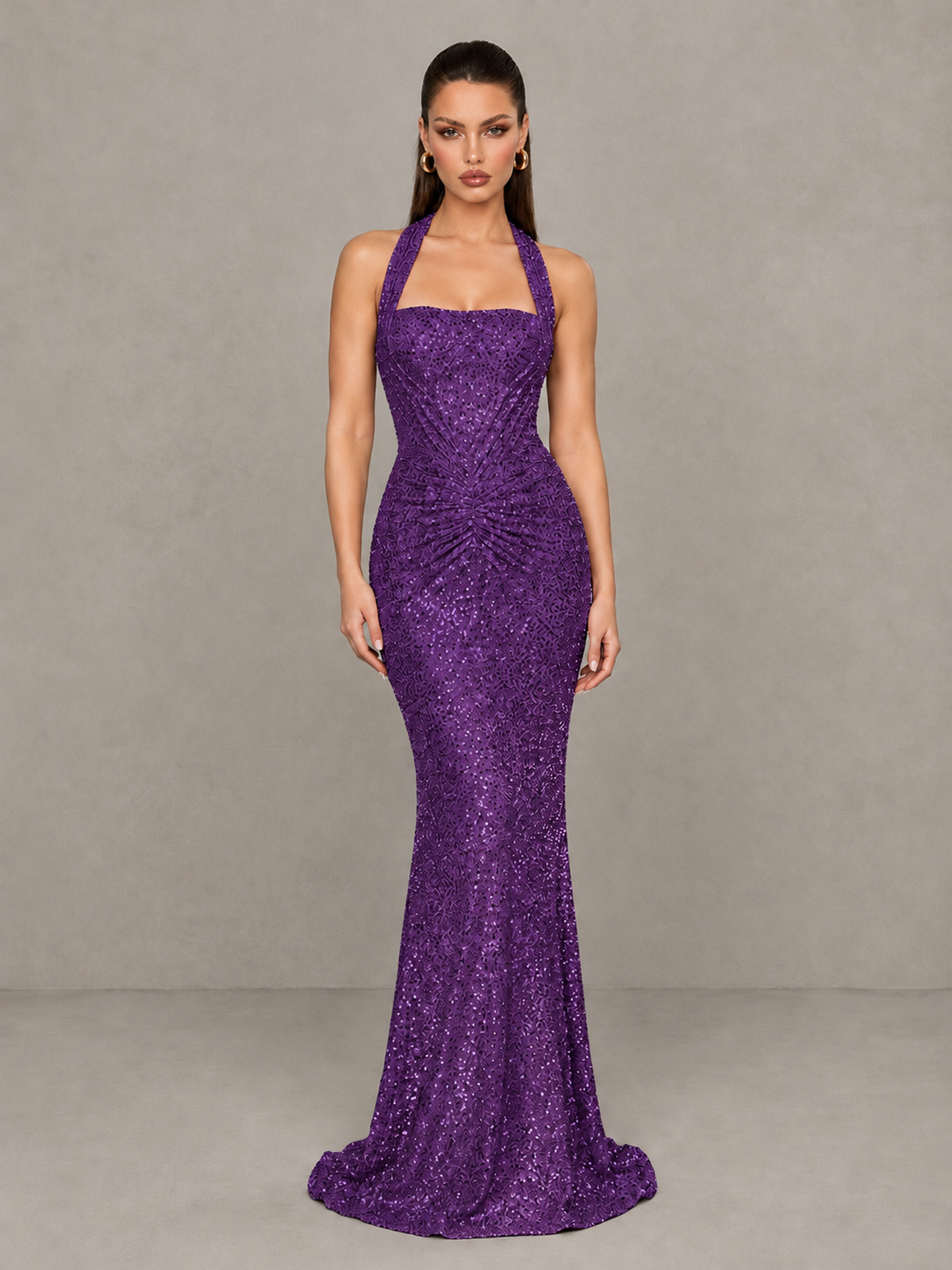 BOLODOO Purple Sequin Halter Mermaid Evening Gown - Purple - Purple (3)