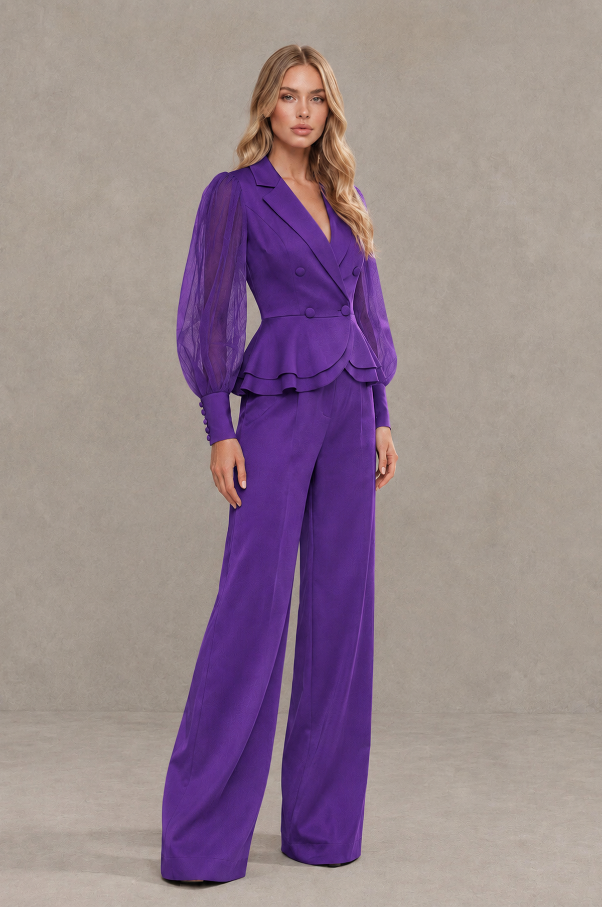 BOLODOO Mint Purple Peplum Blazer Wide-Leg Pantsuit with Sheer Puff Sleeves - Purple
