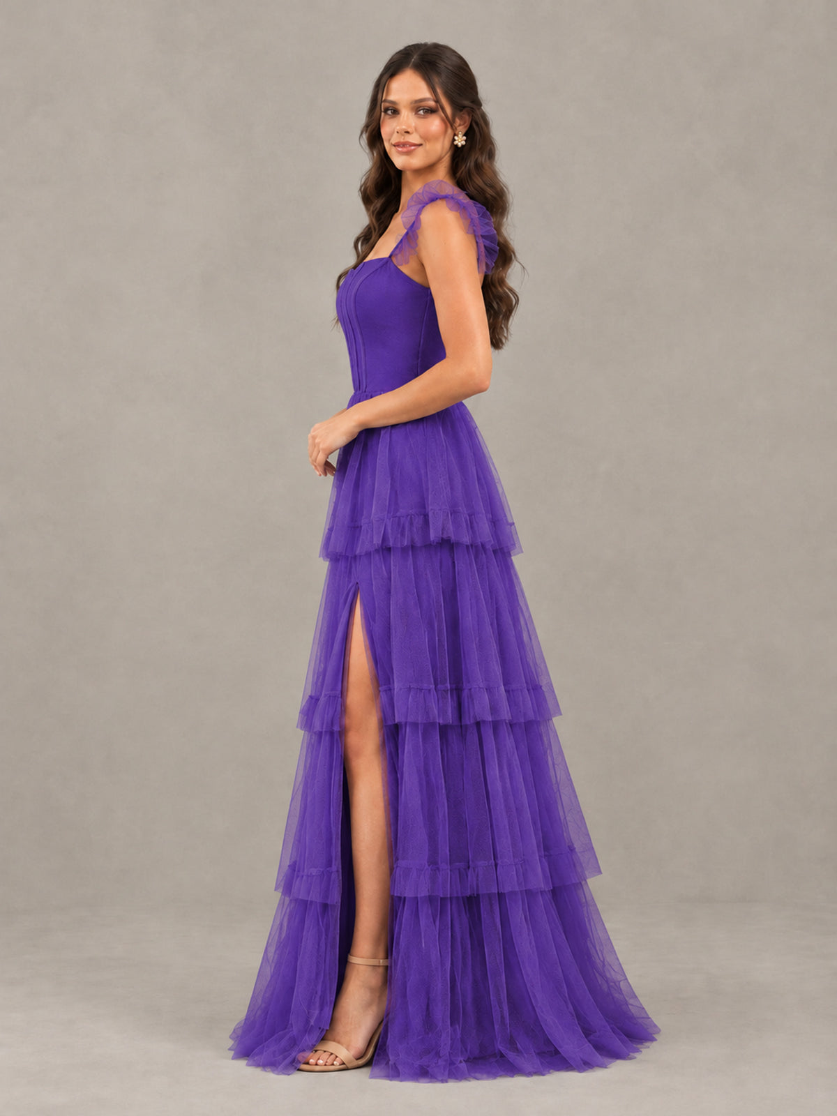 BOLODOO Purple Tiered Tulle Bridesmaid Dress with Slit - Purple - Purple (3)