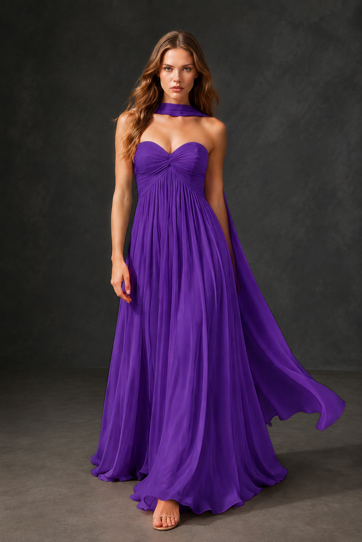 BOLODOO Purple Sweetheart Strapless Twist Knot Detached Halter Scarf Lace-Up Back Empire Waist Chiffon Maxi Dress - Purple