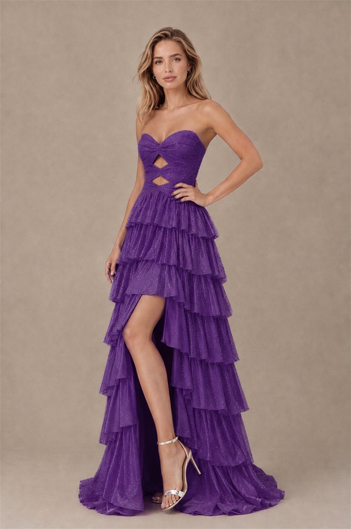 BOLODOO Purple Strapless Cutout Tiered Ruffle Prom Dress with High Slit - Purple - Purple (3)