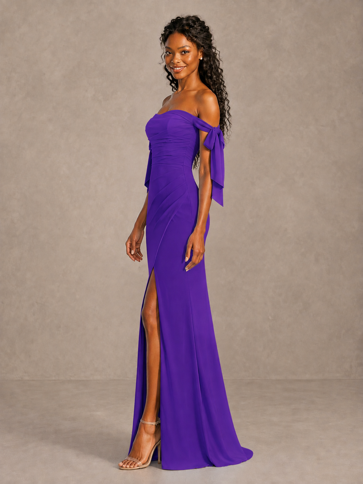 Purple Off-Shoulder Bow Bridesmaid Dress with Slit - Purple - Purple (3)