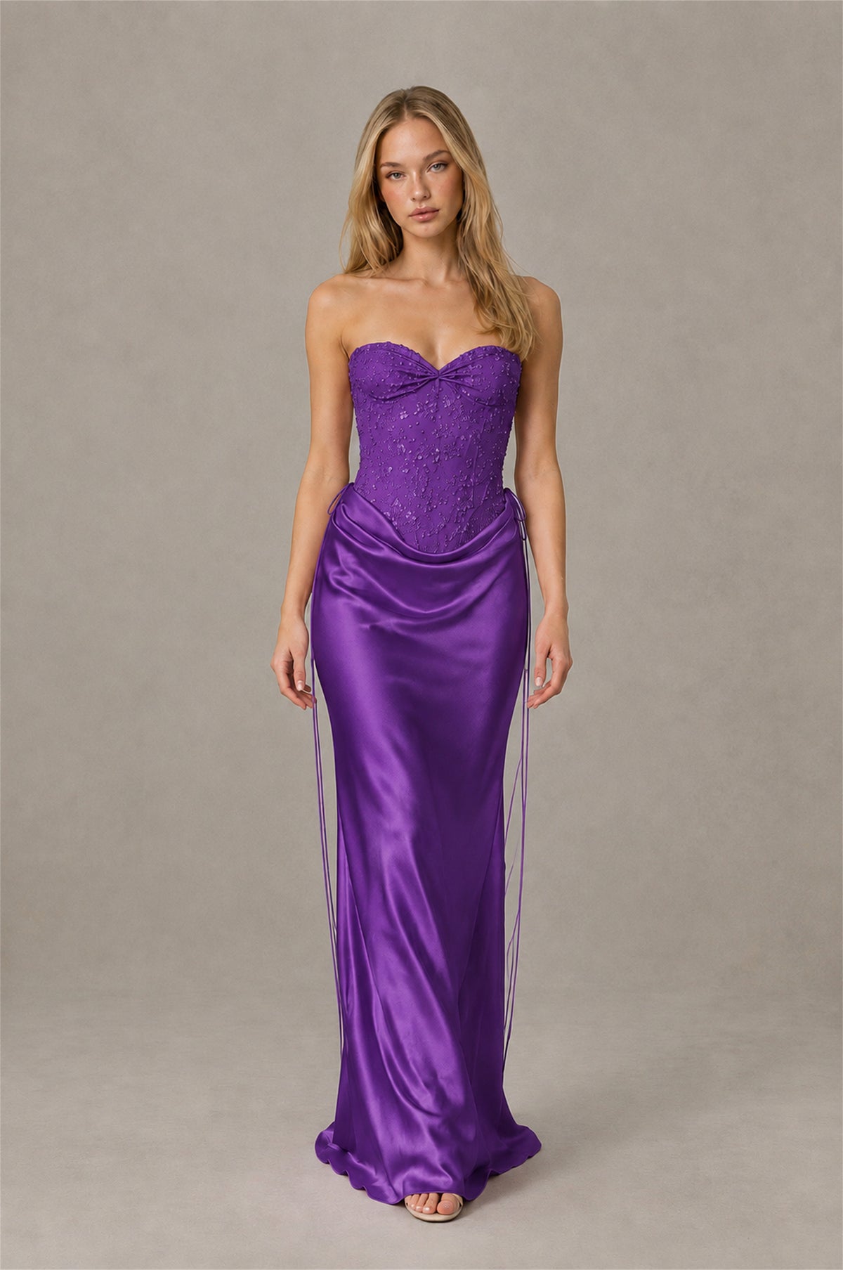 BOLODOO Purple Strapless Embellished Corset Satin-Look Maxi Dress - Purple