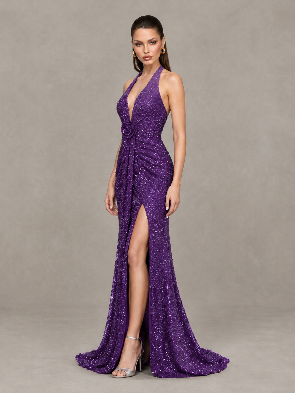 BOLODOO Purple Sequin Halter Open Back Evening Gown with High Slit - Purple - Purple (3)