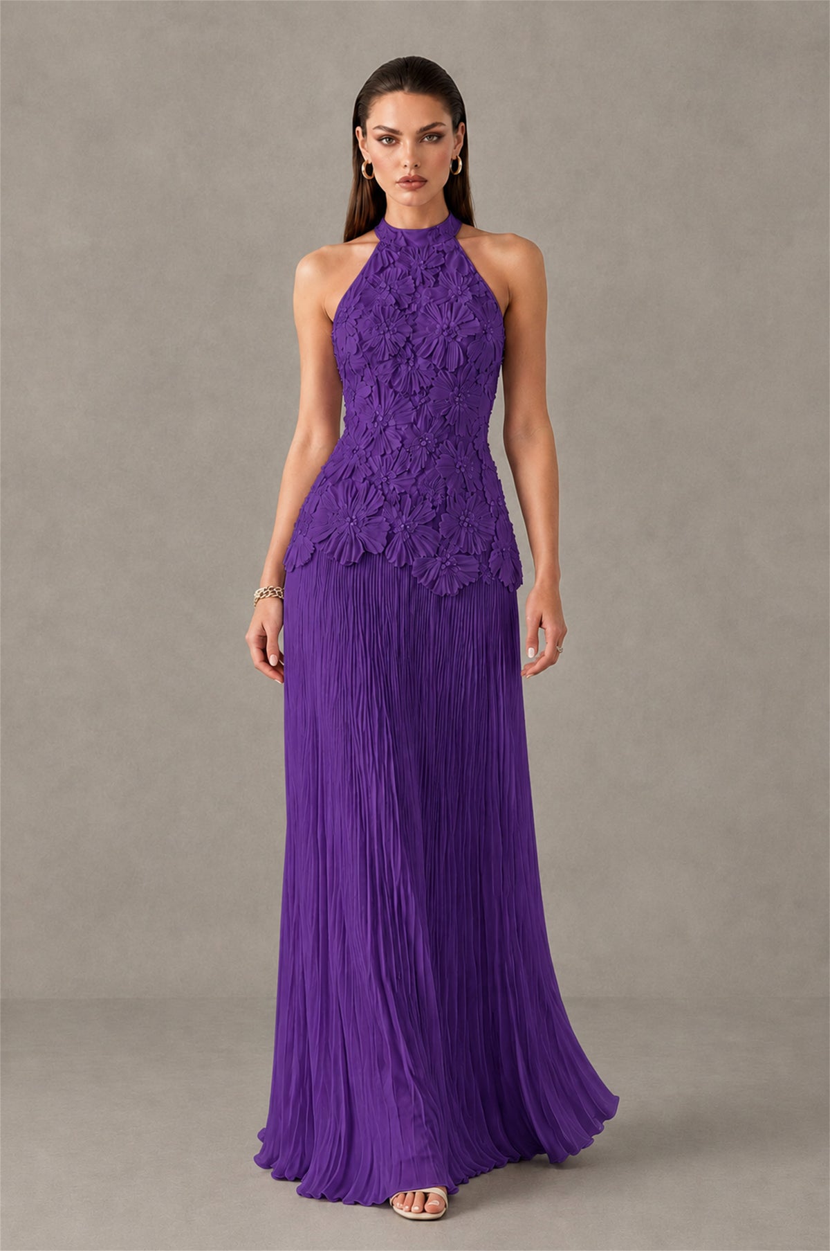 BOLODOO Purple 3D Floral Applique Halter Neck Open Back Pleated Maxi Dress - Purple