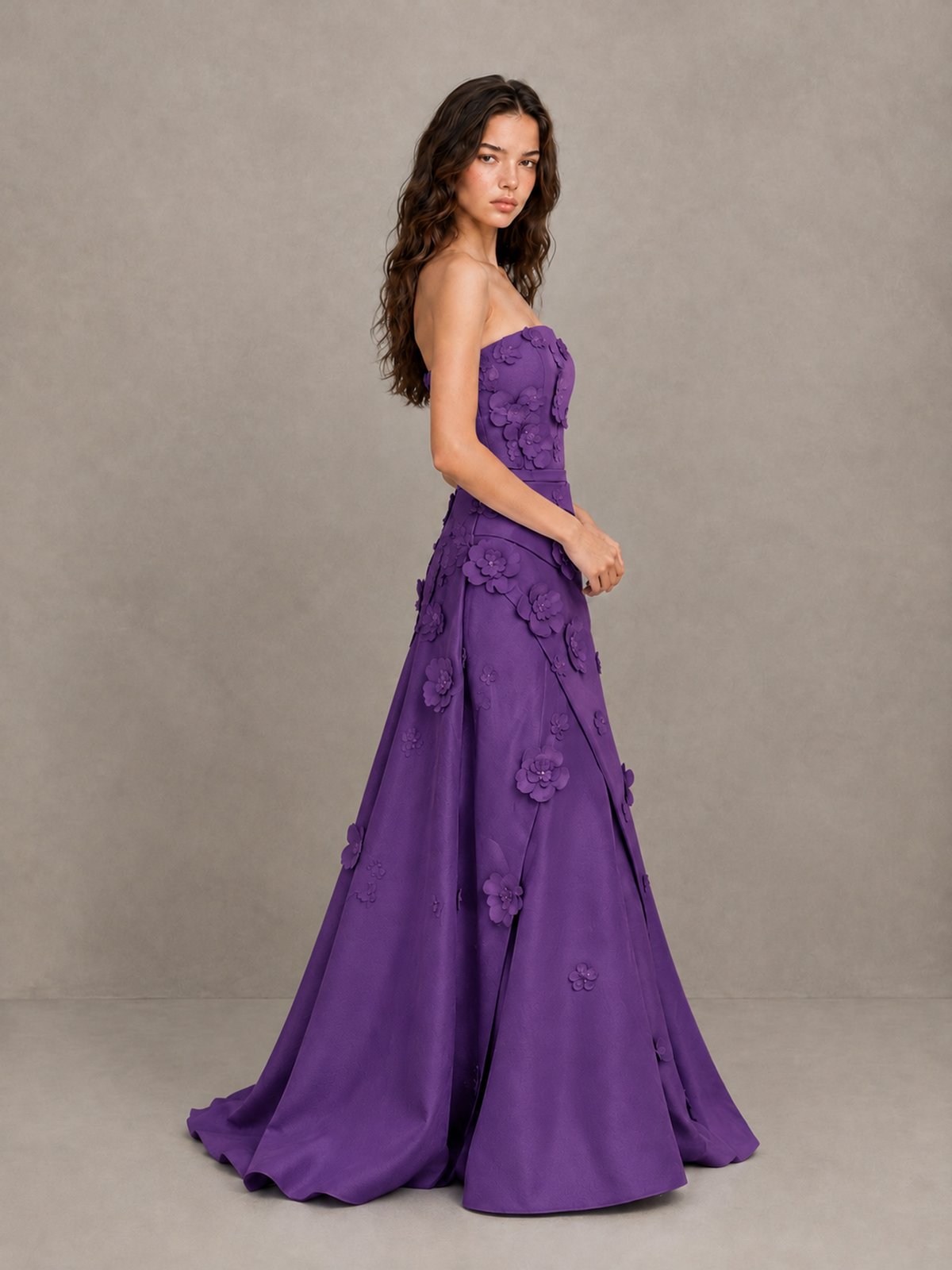BOLODOO Purple Strapless 3D Floral Applique Prom Gown with Draped Skirt - Purple - Purple (3)