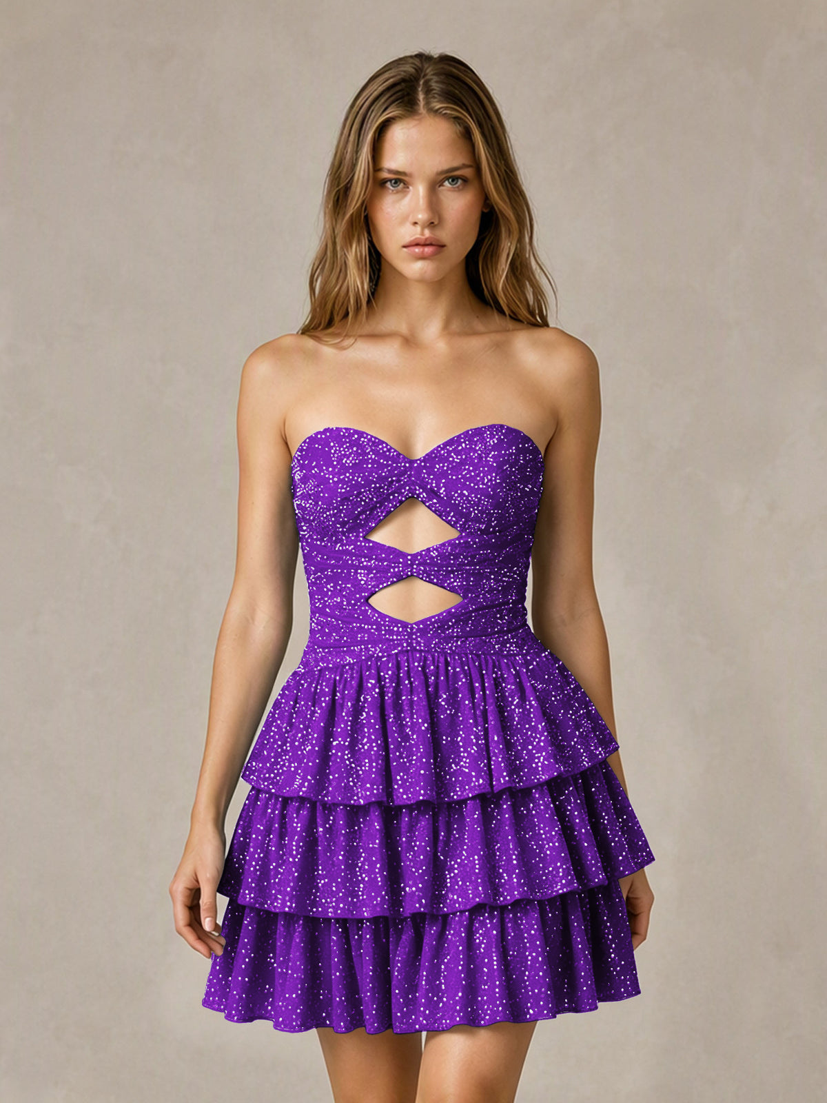 BOLODOO Purple Strapless Sweetheart Cutout Glitter Tiered Ruffle Mini Dress | Lace-Up Back Corset - Purple