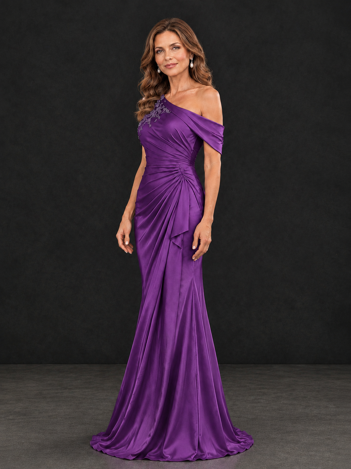 BOLODOO Purple Asymmetric Satin Mother of the Bride Dress with Lace Sleeve - Purple - Purple (3)