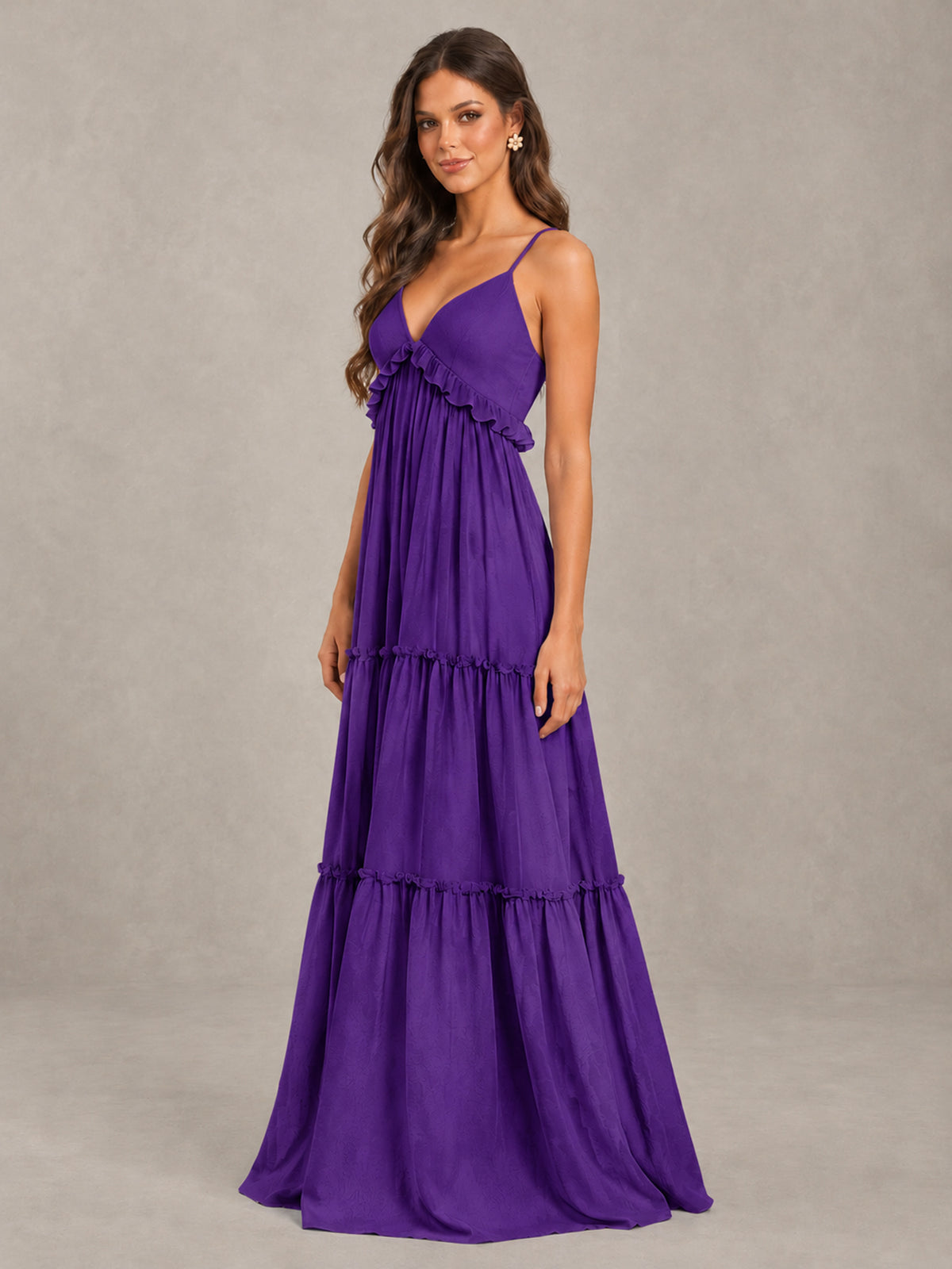 BOLODOO Purple Tiered V-Neck Lace-Up Back Bridesmaid Dress - Purple - Purple (3)