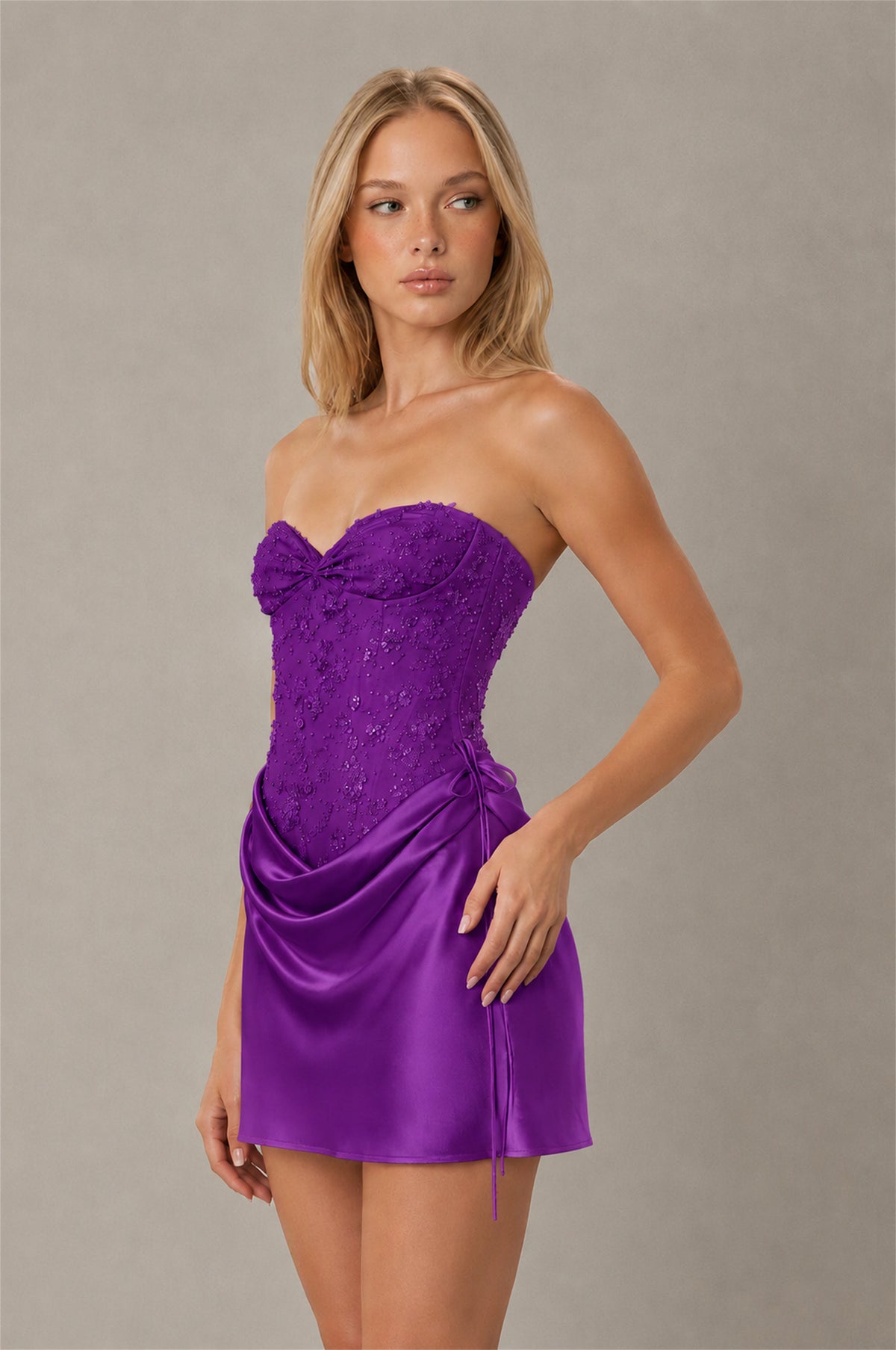 BOLODOO Purple Lace Corset Strapless Sweetheart Satin Mini Dress with Open Back - Purple