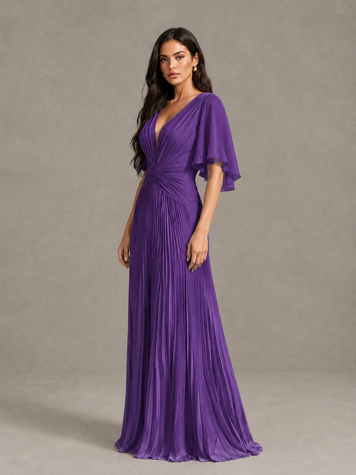 BOLODOO Purple Pleated V-Neck Flutter Sleeve Bridesmaid Dress - Purple - Purple (3)