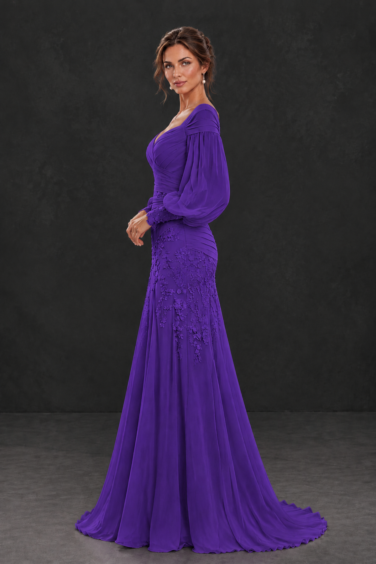 BOLODOO Purple Long Sleeve Mother of the Bride Dress with Floral Appliqués - Purple - Purple (3)
