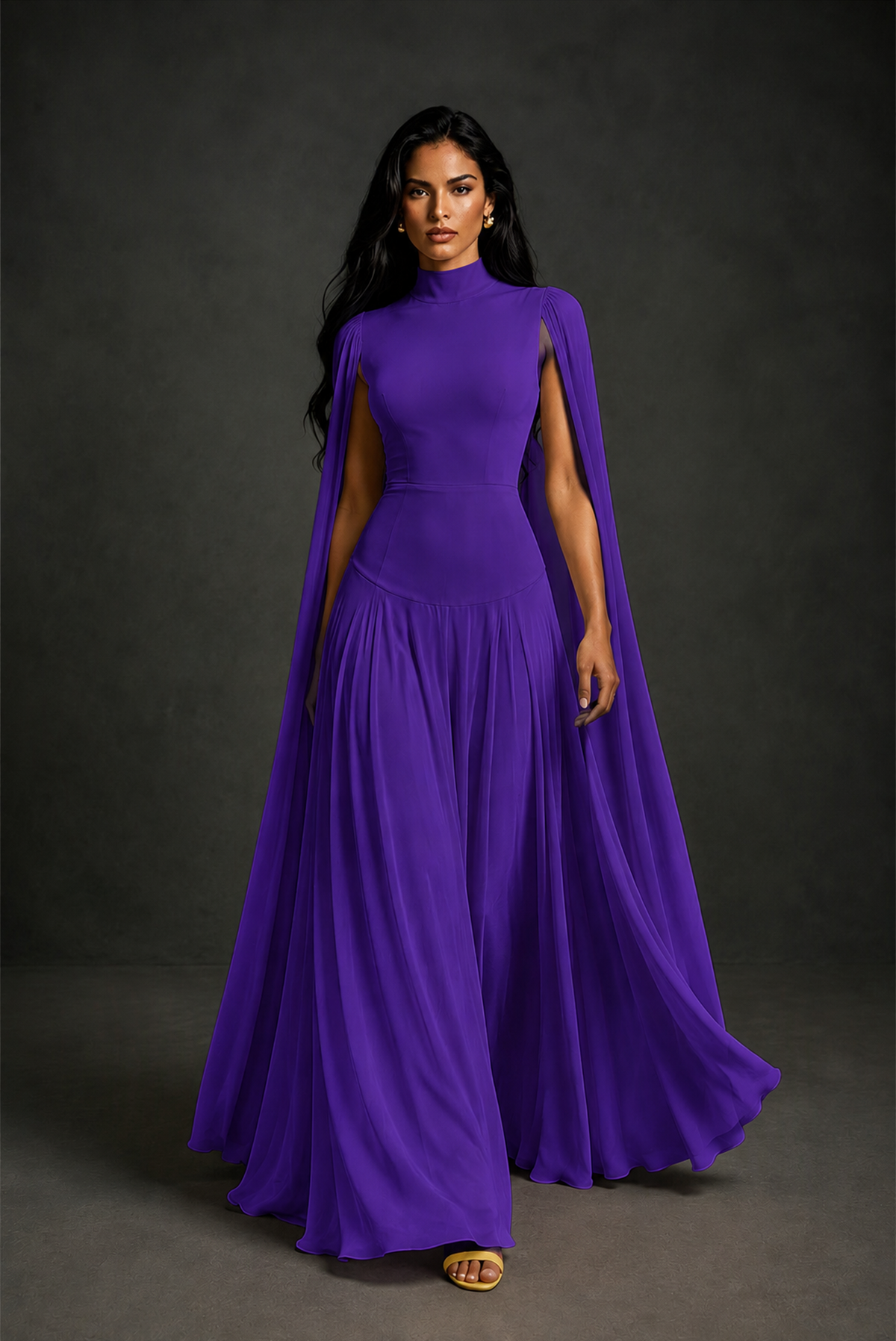 BOLODOO Purple Mock Neck Cape Sleeve A-Line Chiffon Maxi Dress - Purple