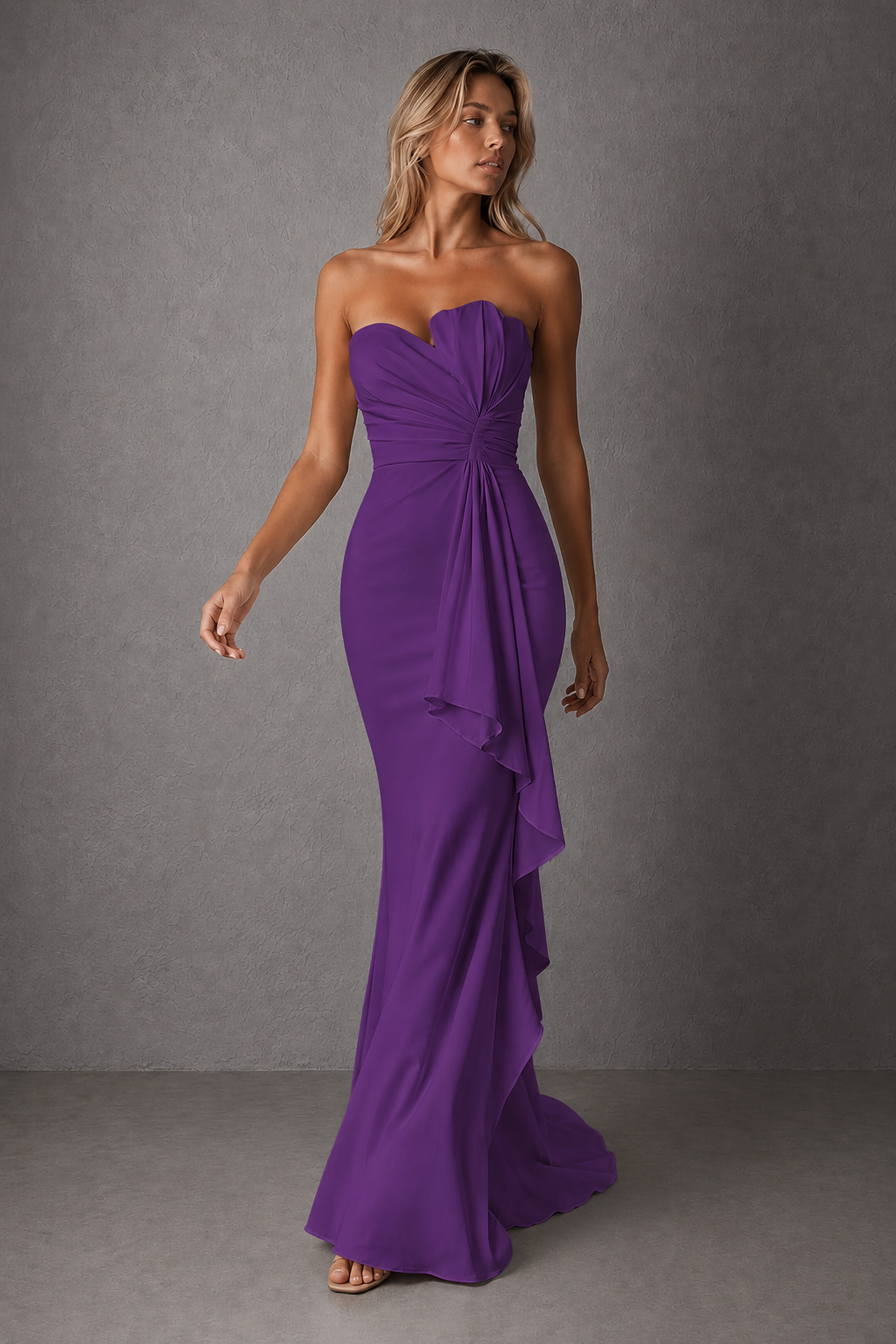 BOLODOO Purple Strapless Sweetheart Ruched Mermaid Gown | Cascade Drape Formal Evening Dress - Purple