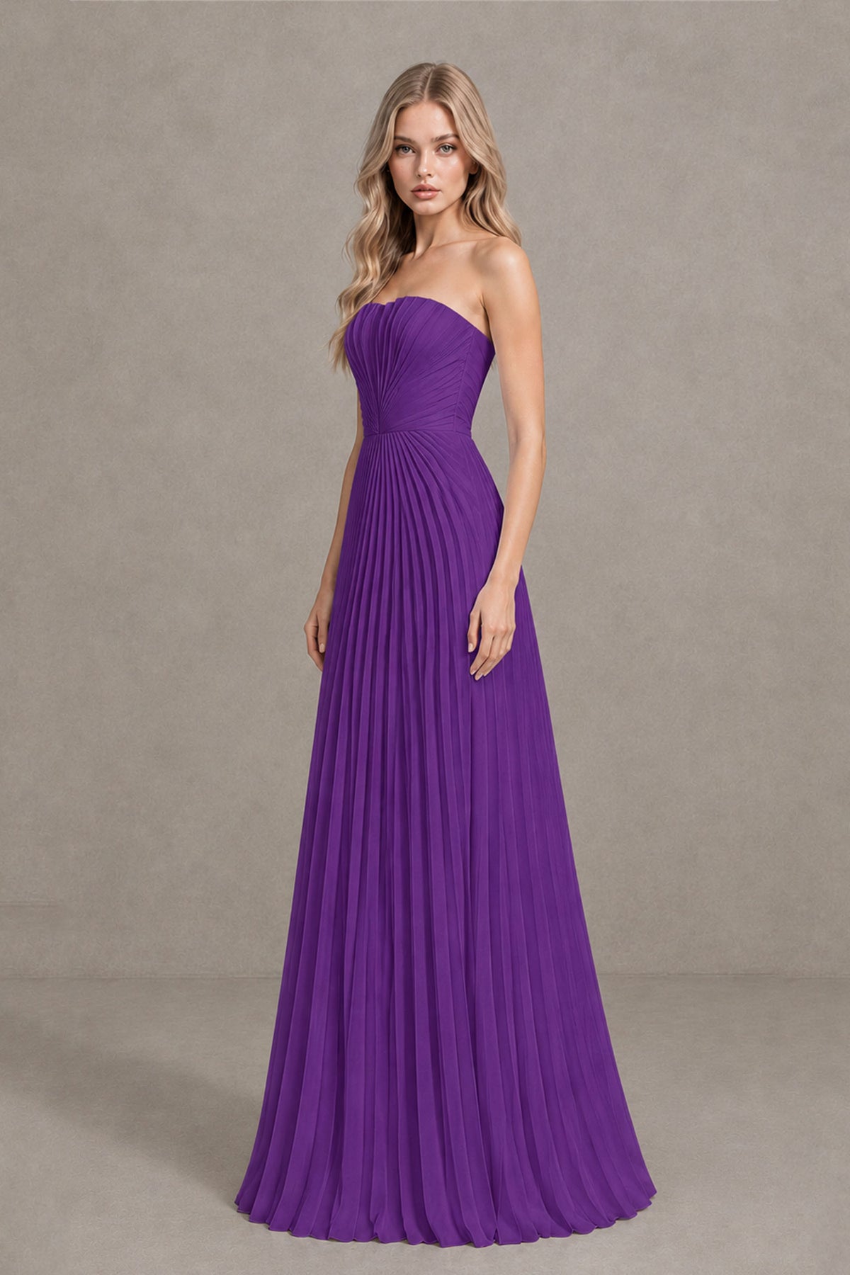 BOLODOO Purple Strapless Sunburst Pleated Twisted Knot Lace-Up Back Accordion Pleated Chiffon Maxi Dress - Purple