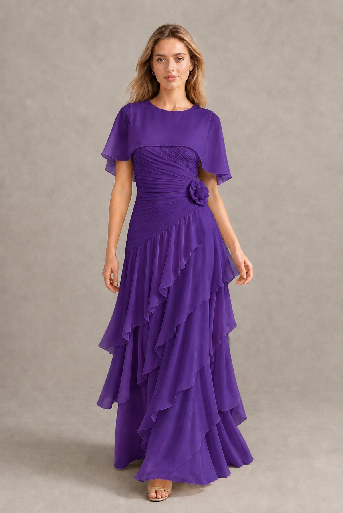 BOLODOO Purple Chiffon Flutter Sleeve Tiered Maxi Dress with 3D Rosette - Purple