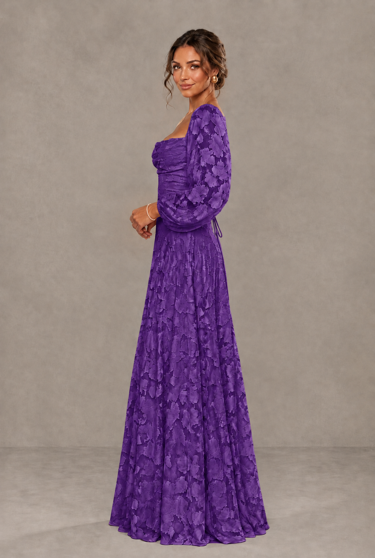 BOLODOO Floral Purple Long Sleeve A-Line Dress with Lace-Up Back - Purple