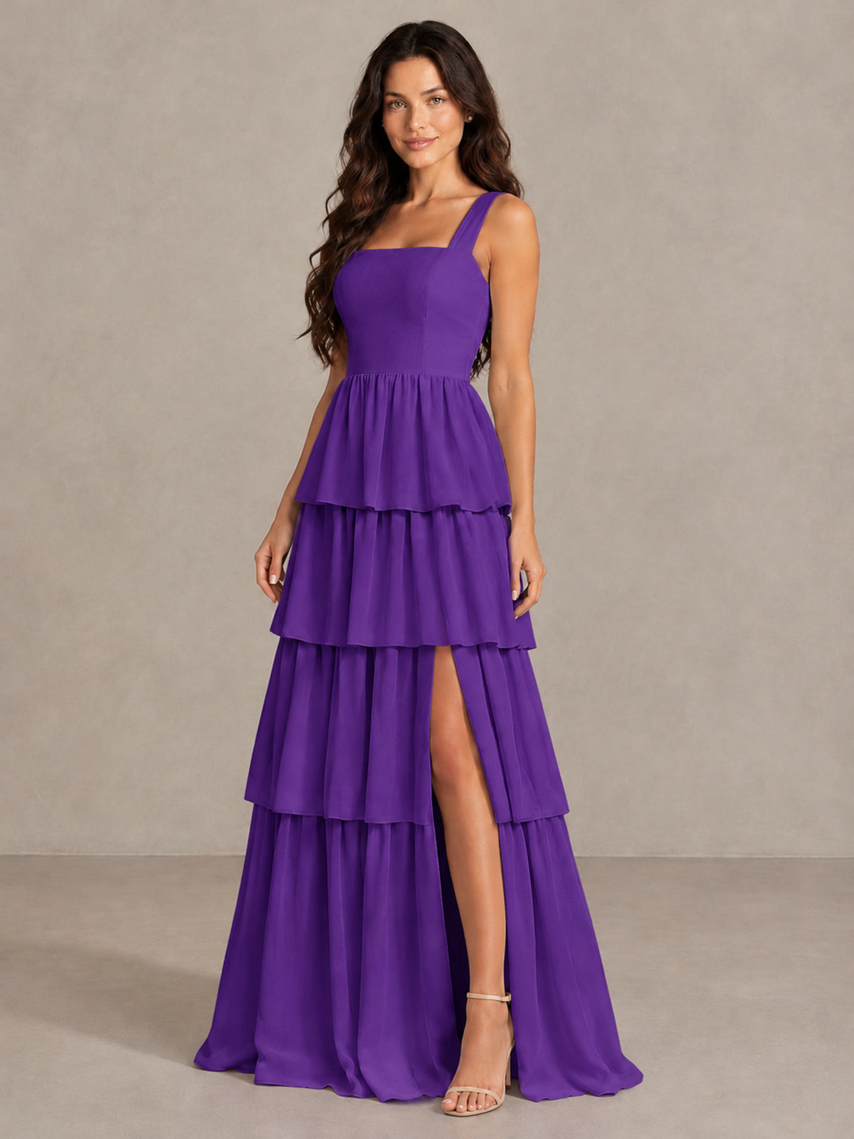 BOLODOO Purple Square Neck Tiered Bridesmaid Dress with Slit - Purple - Purple (3)
