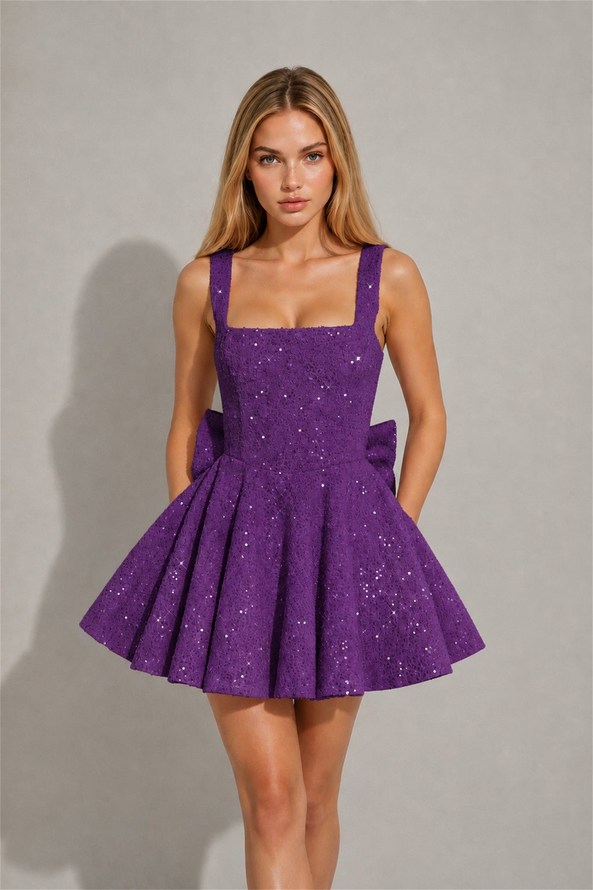 BOLODOO Purple Sequin Square Neck Wide Strap Bow Waist Open Back Fit and Flare Mini Dress | Prom Birthday Party Dress - Purple