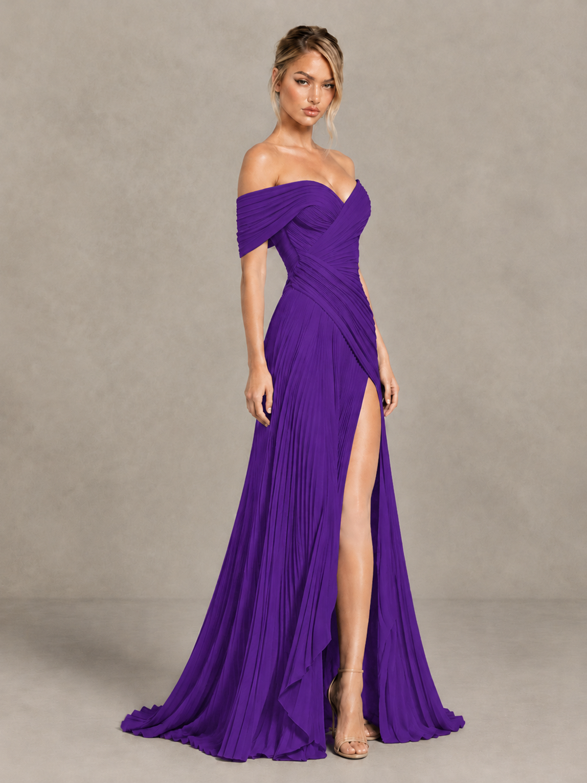 BOLODOO Purple Off-Shoulder Ruched Pleated Maxi Dress with High Slit - Purple - Purple (3)