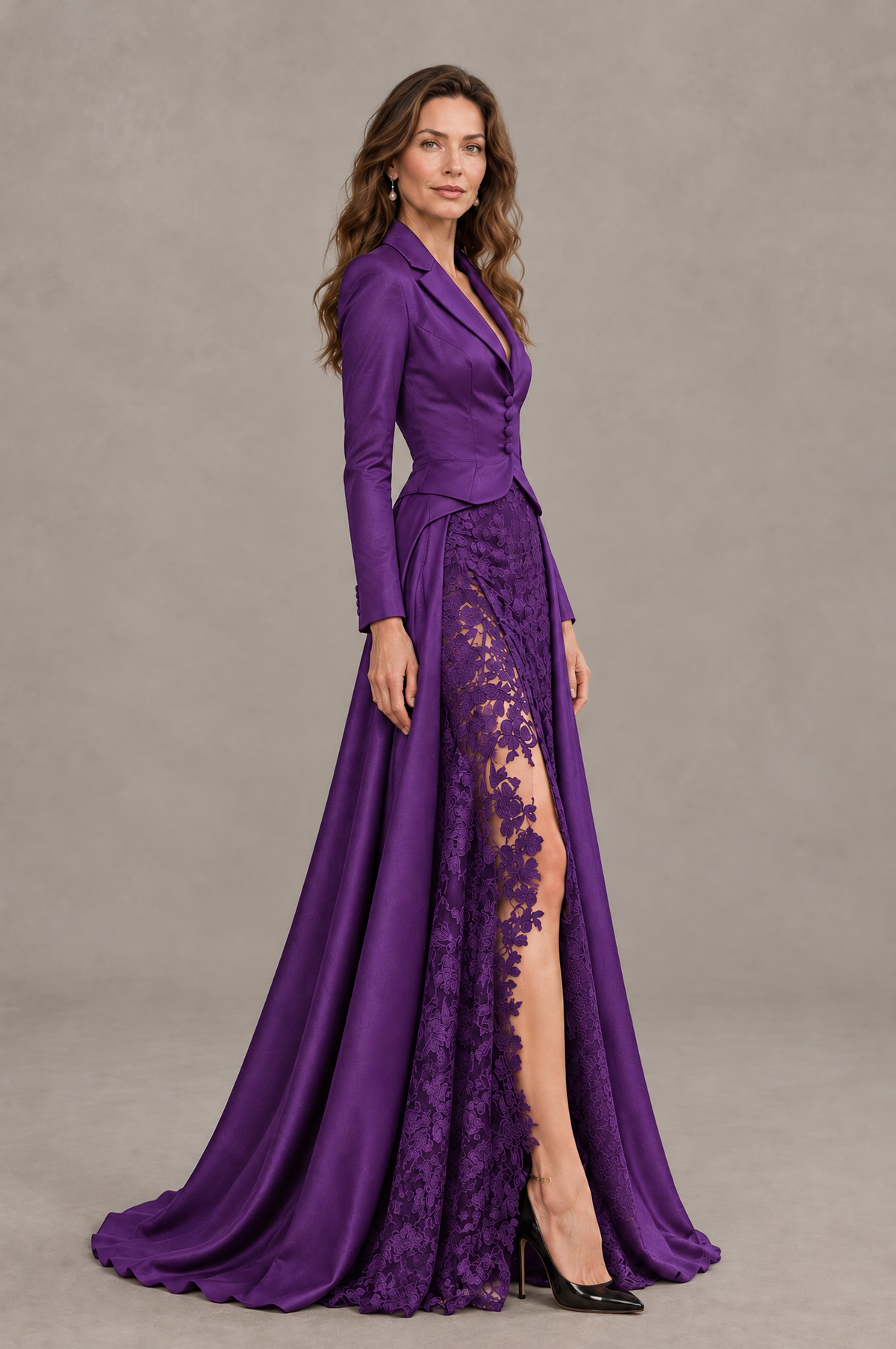 BOLODOO Purple Long Sleeve Lace Blazer Gown with High Slit - Purple - Purple (3)