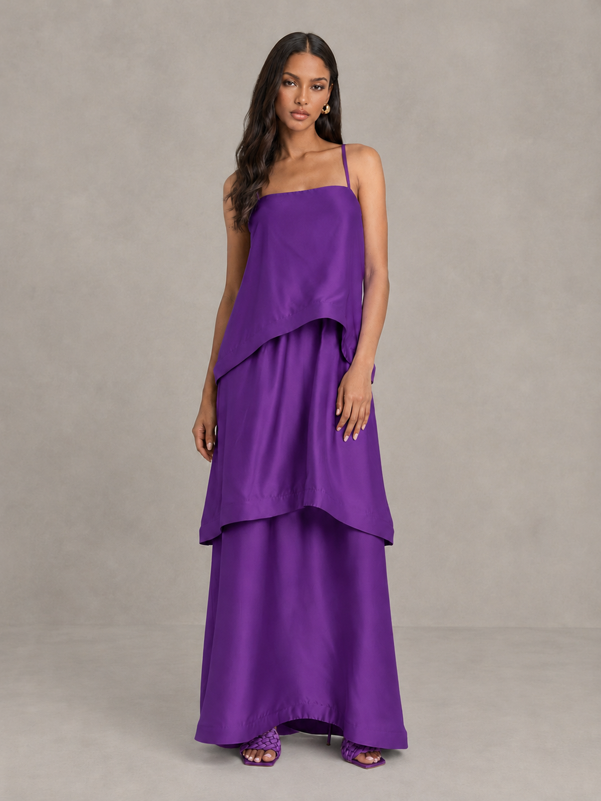 BOLODOO Purple Satin Tiered Maxi Dress with Spaghetti Straps - Purple