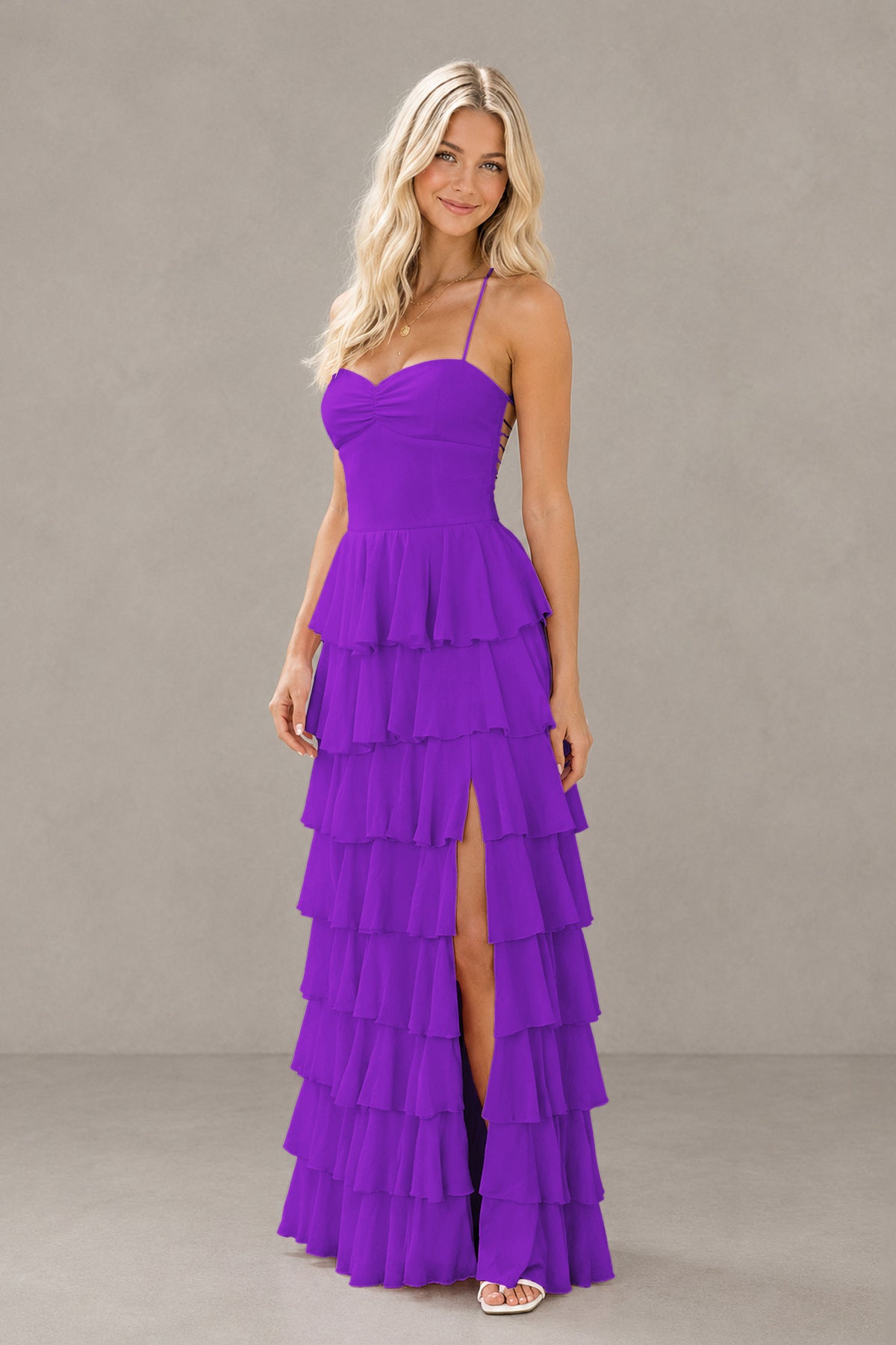 BOLODOO Purple Strapless Tiered Ruffle Maxi Dress with Slit & Lace-Up Back - Purple