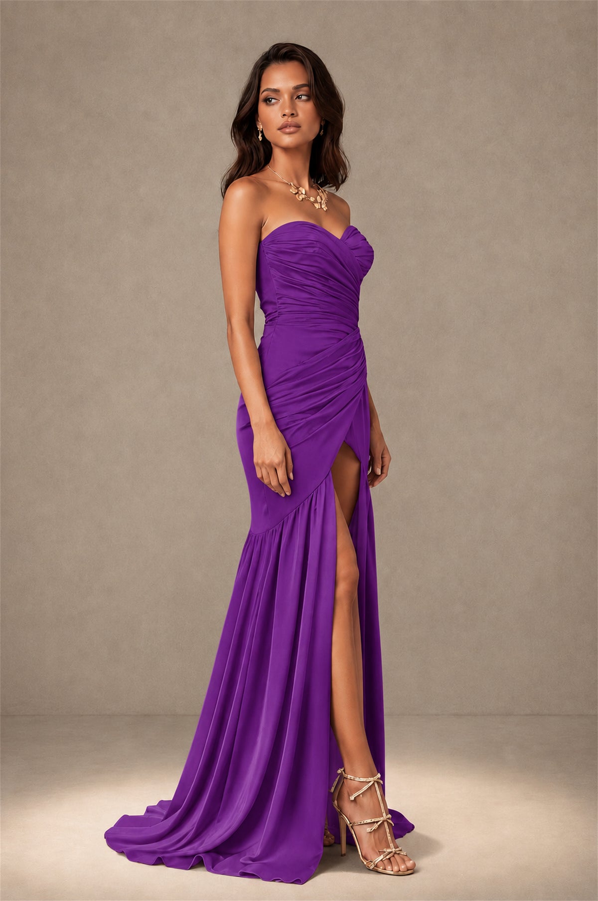 BOLODOO Purple Brown Stretch Satin Sweetheart Strapless Ruched Open Back High Slit Mermaid Maxi Dress - Purple