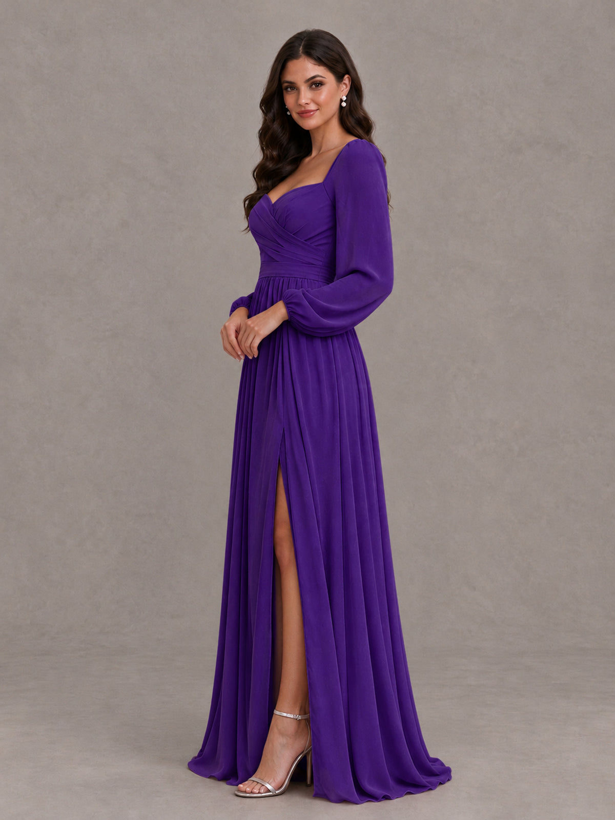 BOLODOO Purple Long Sleeve Chiffon Bridesmaid Dress with Slit - Purple - Purple (3)