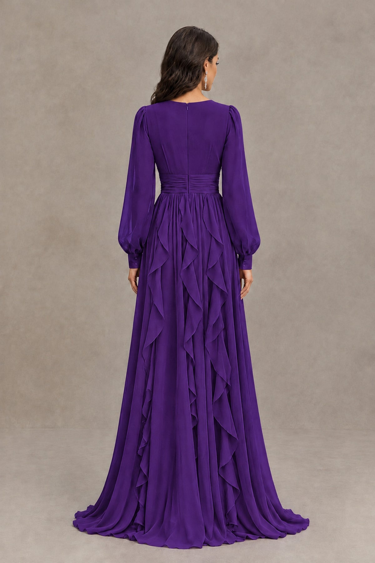 BOLODOO Purple Long Sleeve V-Neck Ruffle Maxi Dress - Purple - Purple (3)
