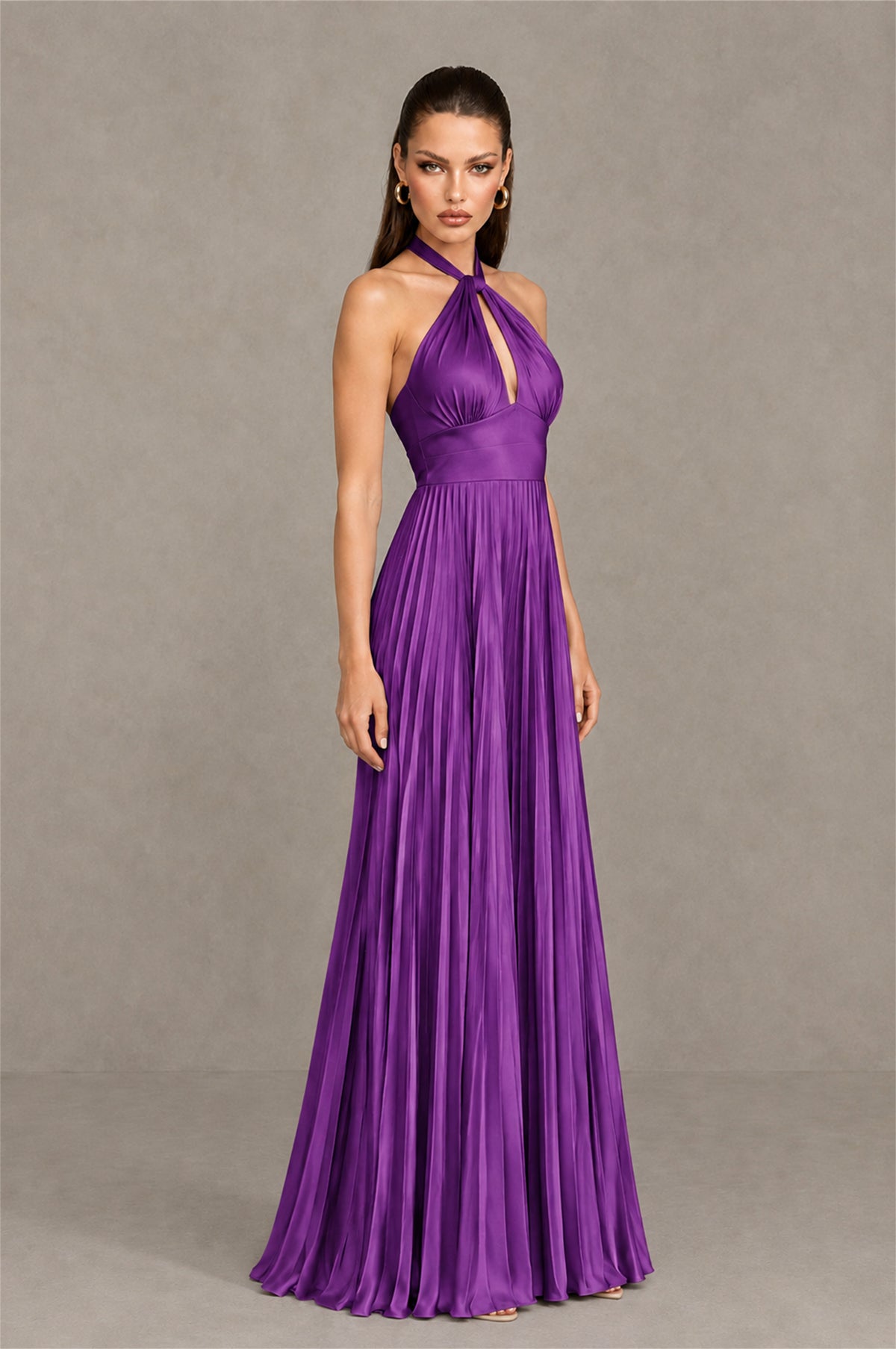BOLODOO Purple Halter Pleated A-Line Evening Dress - Purple - Purple (3)