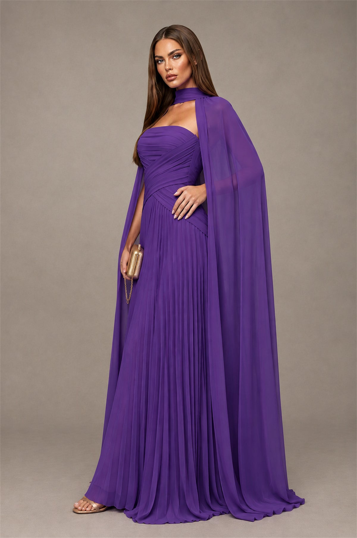 BOLODOO Purple Strapless Crossover Ruched Bodice Detached Turtleneck Cape Lace-Up Back Pleated Chiffon Maxi Dress - Purple