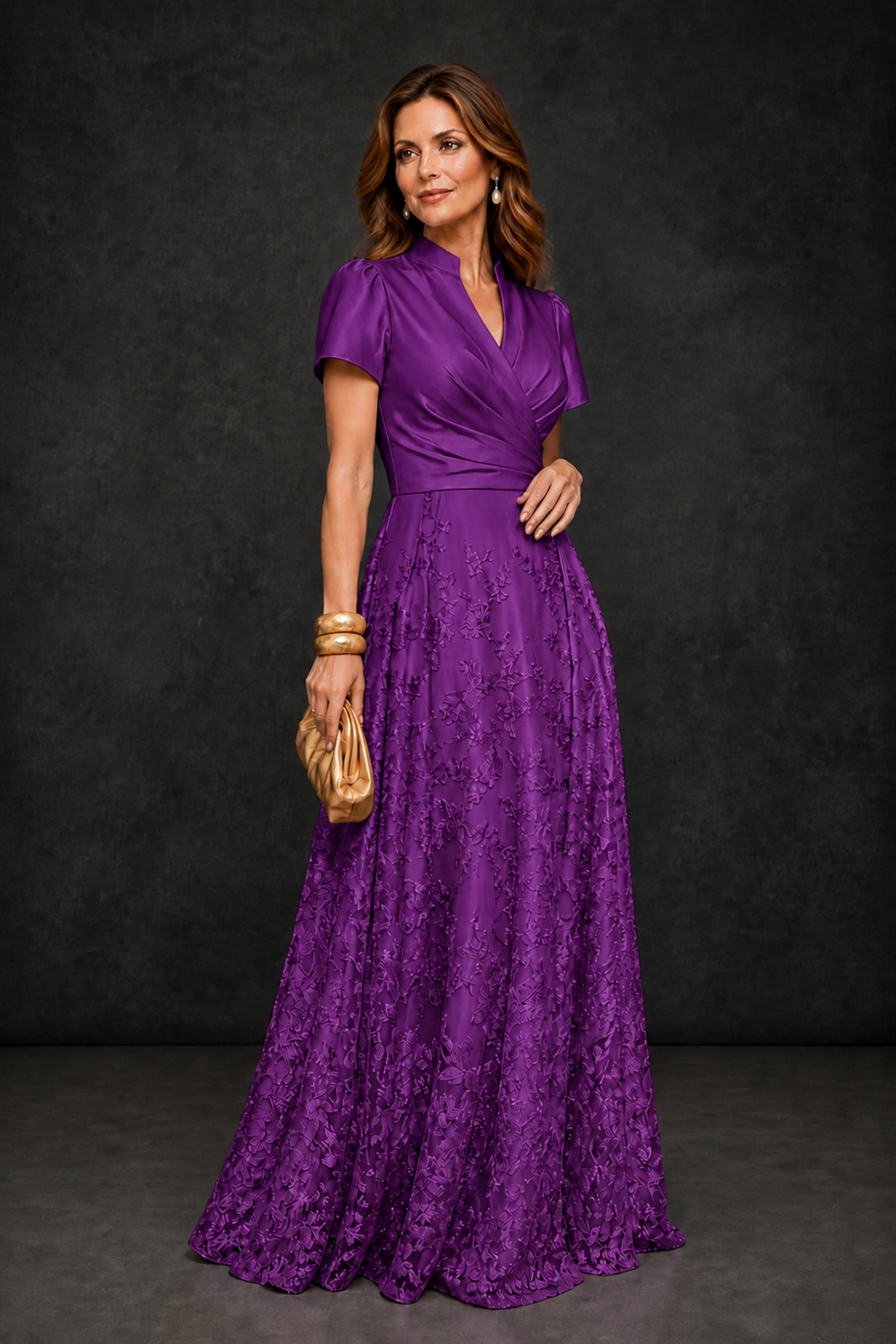 BOLODOO Purple Satin Wrap V-Neck Short Sleeve Lace Glitter A-Line Floor Length Evening Gown – Formal Dress - Purple - Purple (3)