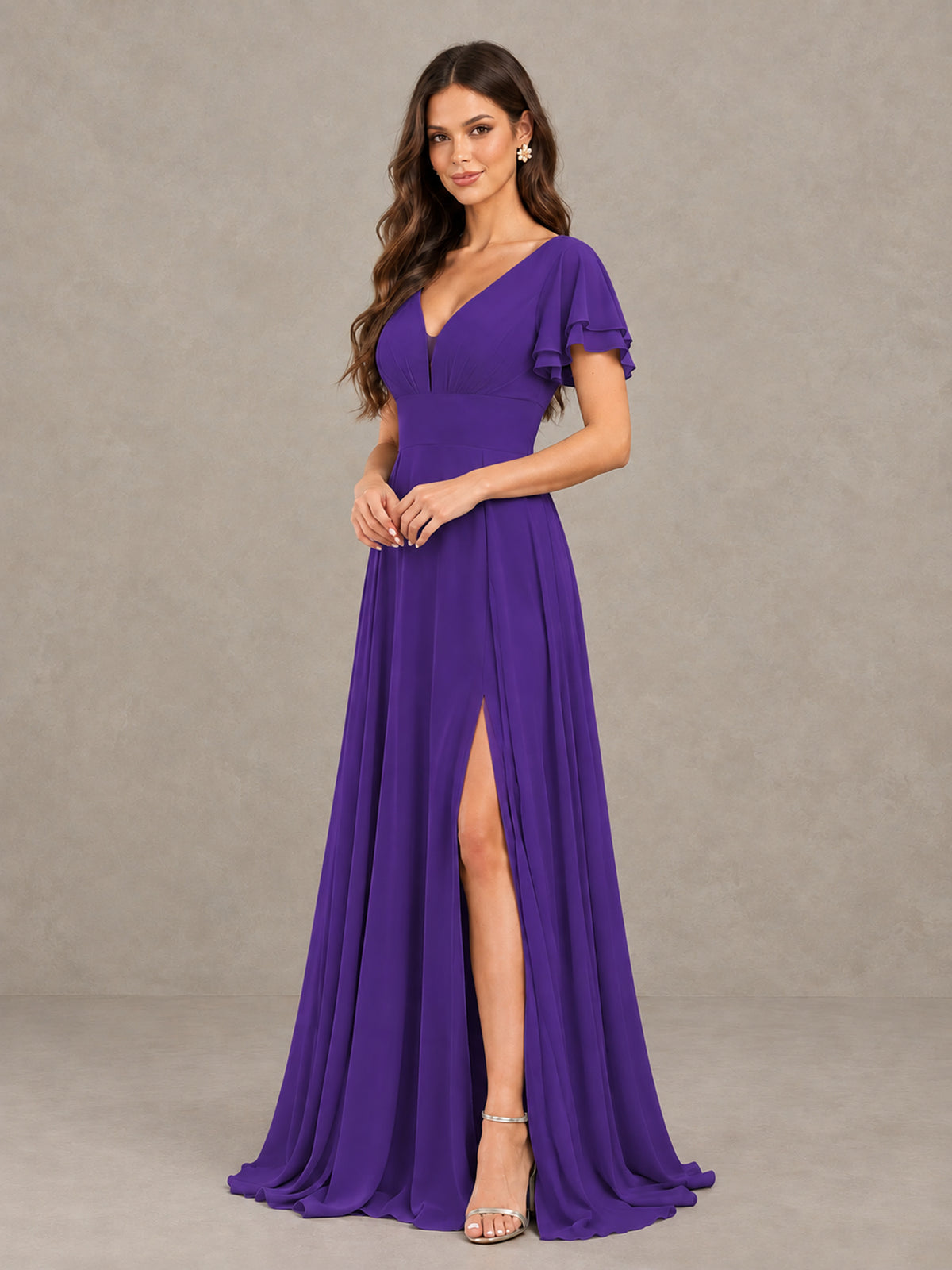 BOLODOO Purple Flutter Sleeve Chiffon A-Line Maxi Bridesmaid Dress with Open Back & Slit - Purple - Purple (3)