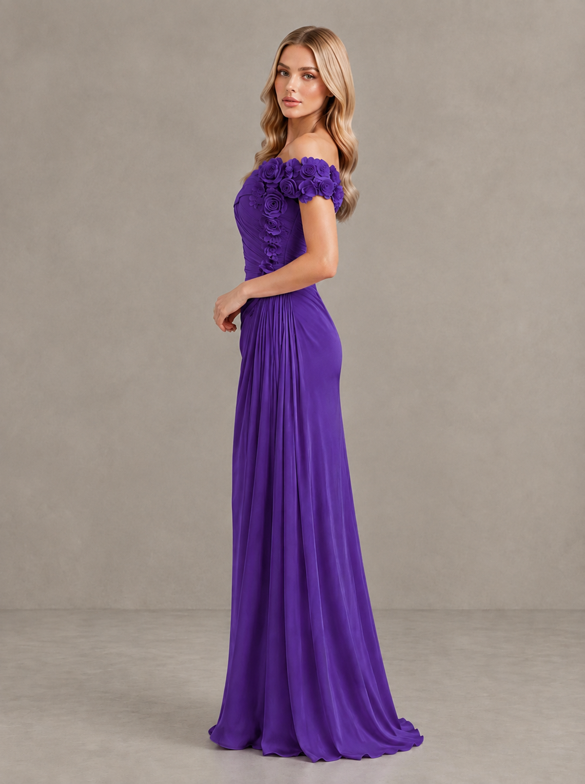 BOLODOO Purple Off-Shoulder Floral Applique Wedding Guest Maxi Dress - Purple - Purple (3)
