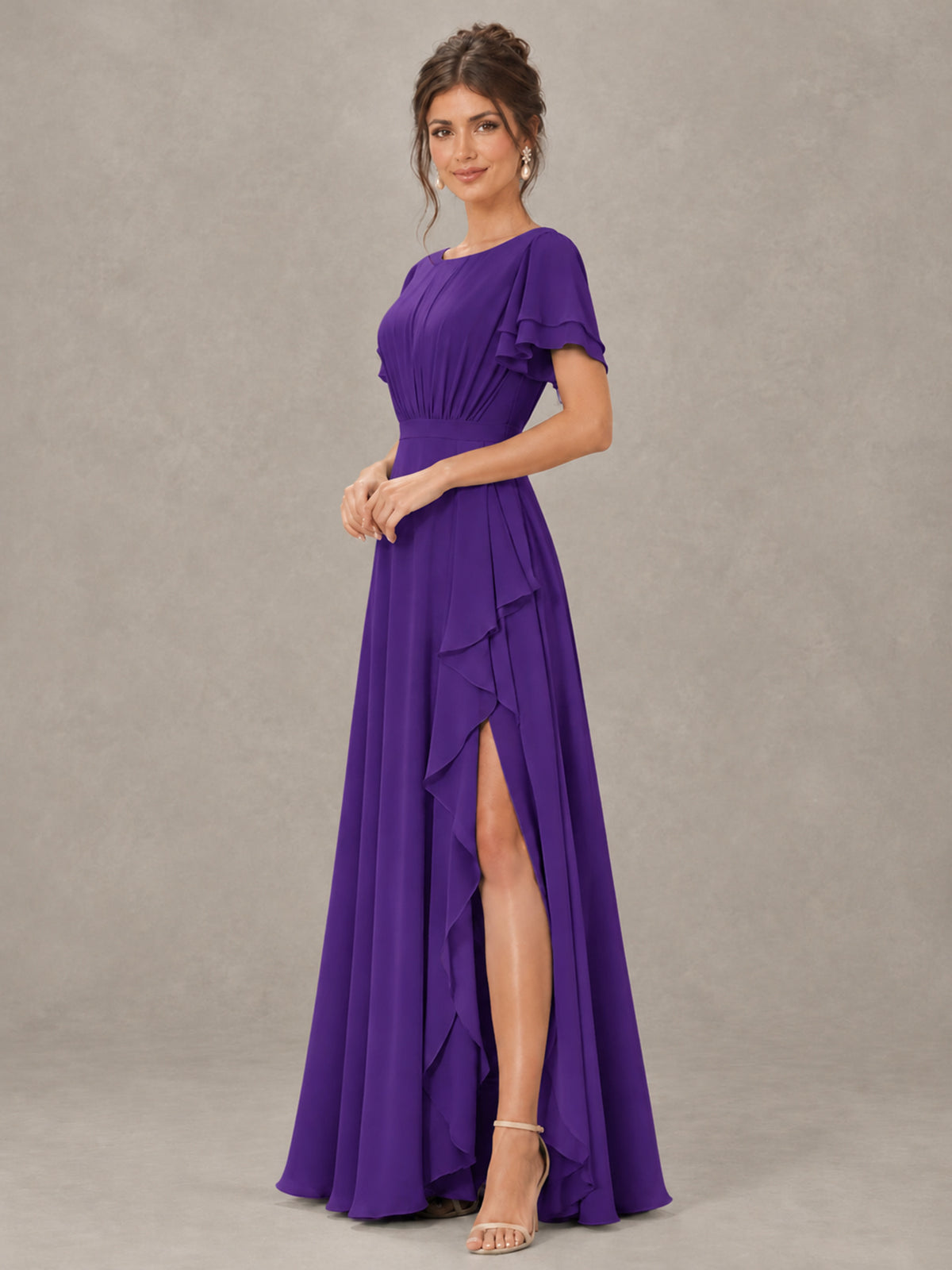 BOLODOO Purple Flutter Sleeve Ruffle Bridesmaid Dress with Slit - Purple - Purple (3)