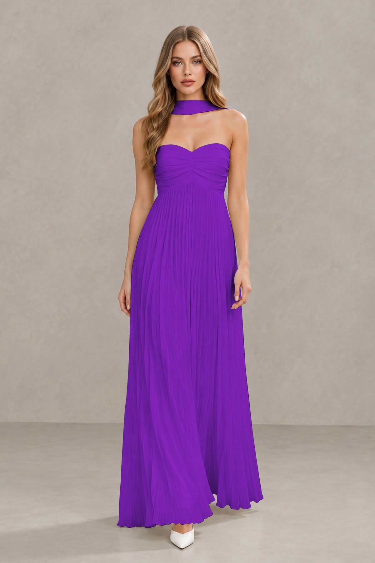BOLODOO Purple Strapless Chiffon-Look Maxi Dress with Lace-Up Back & Cape - Purple
