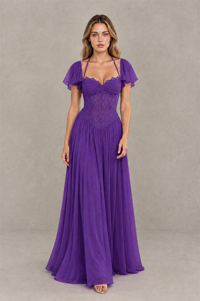 BOLODOO Purple Flutter Sleeve Lace Corset A-Line Maxi Dress - Purple - Purple (3)