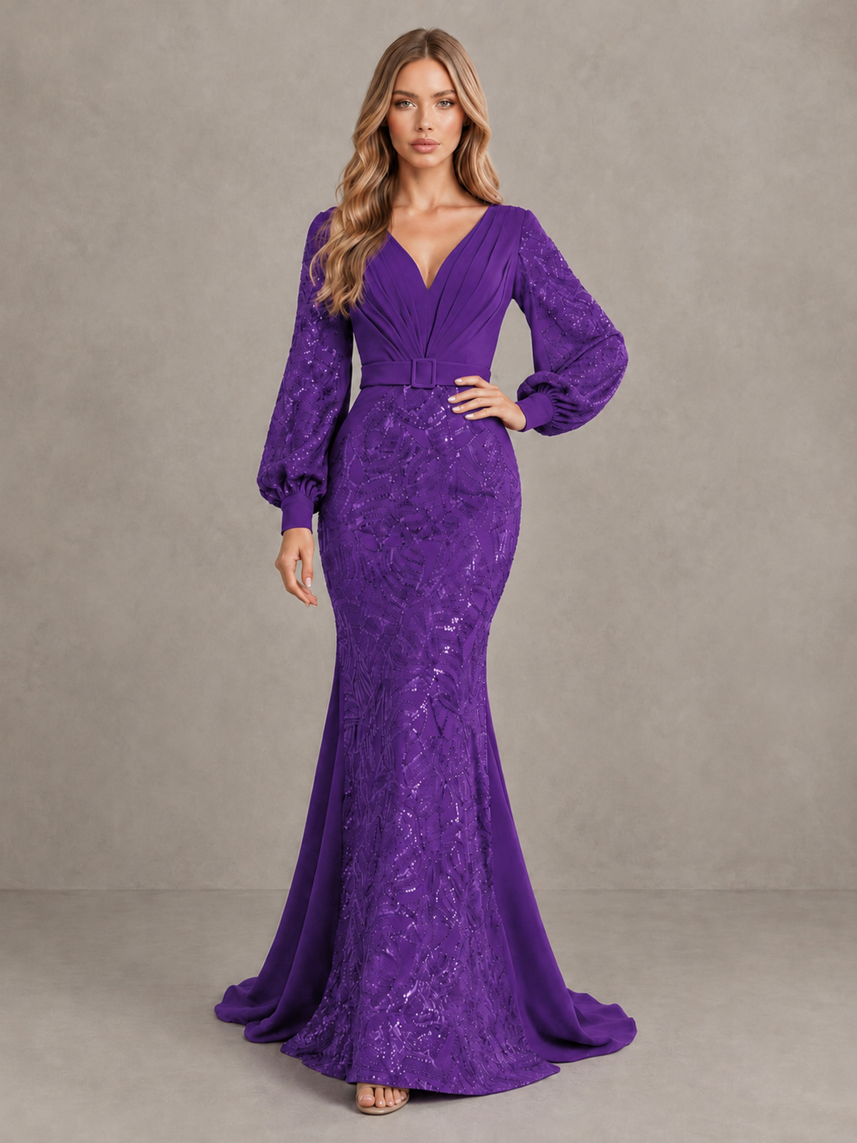 BOLODOO Purple Sequin Long Bishop Sleeve Mermaid Evening Dress - Purple - Purple (3)