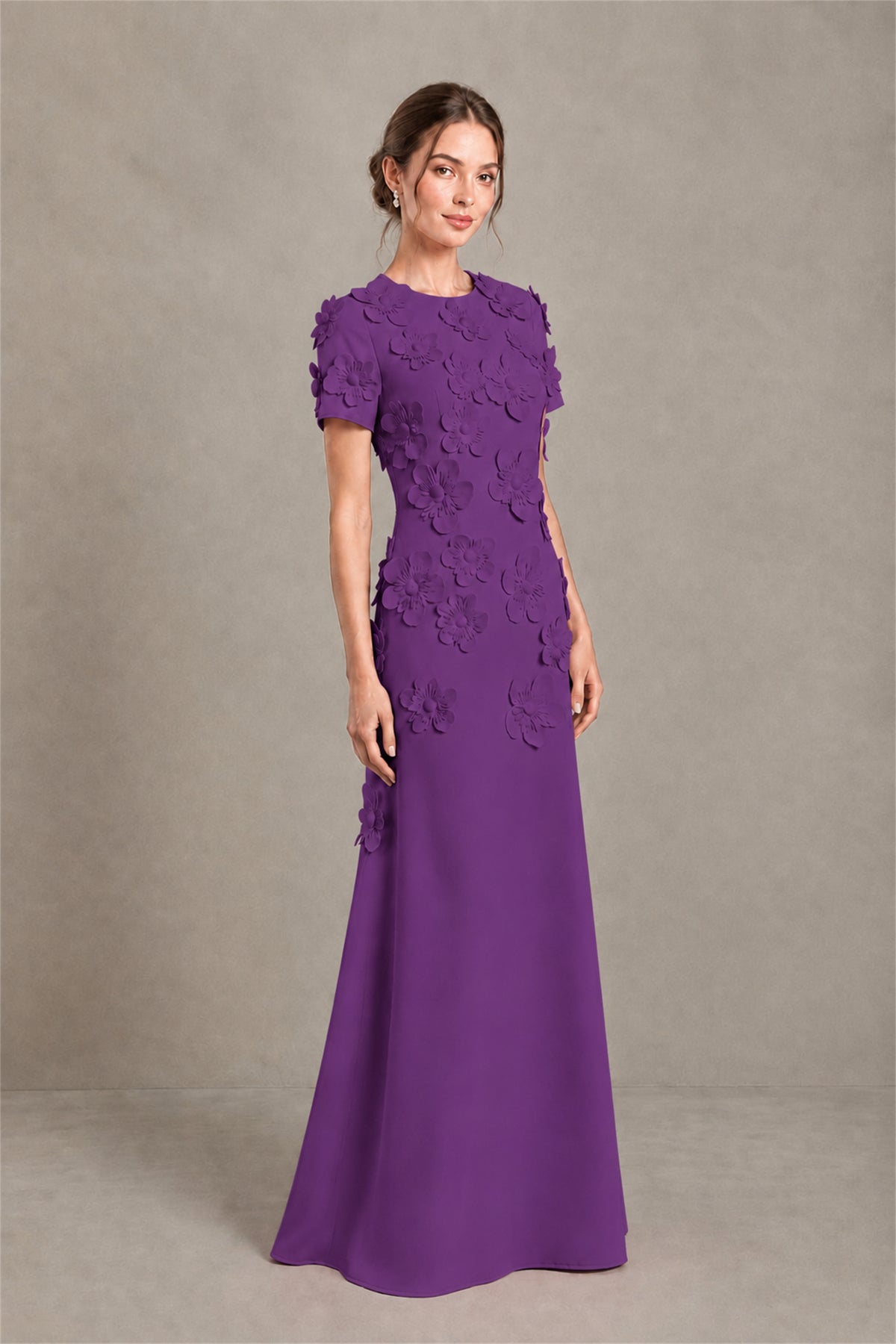 BOLODOO Purple Textured Floral Maxi Dress with Short Sleeves - Purple