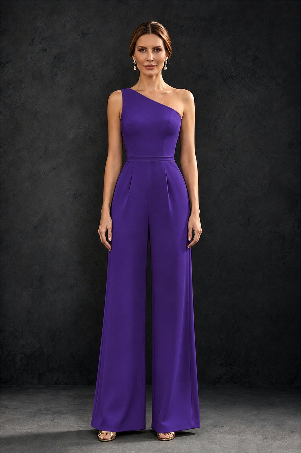 BOLODOO Purple 2-Piece Set: Off-Shoulder 3D Floral Cape Gown & One-Shoulder Wide-Leg Jumpsuit | BD0373 - Purple