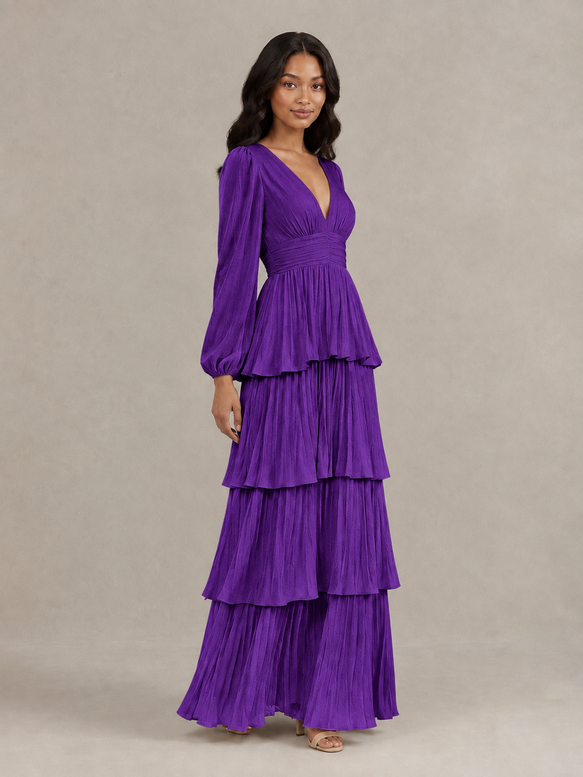 BOLODOO Purple Long-Sleeve Tiered Maxi Dress with Deep V-Neck - Purple