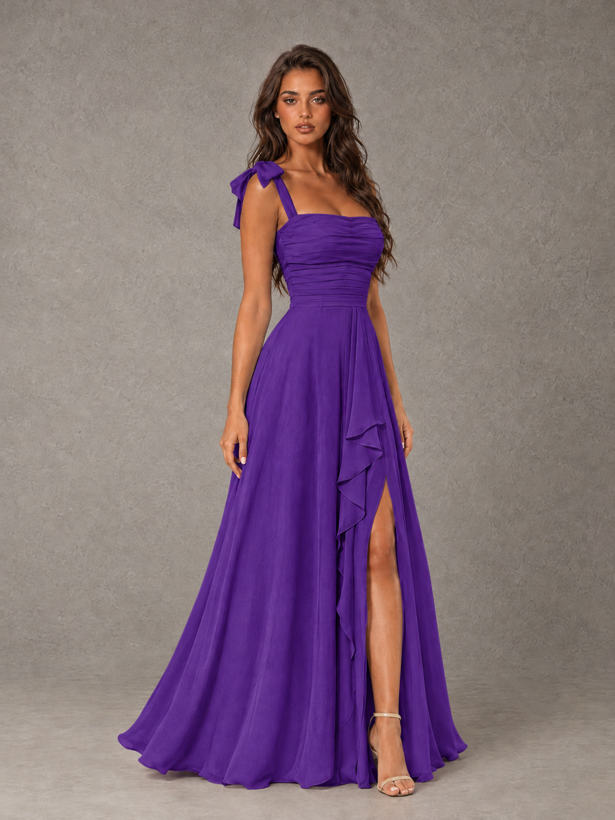 BOLODOO Purple Bow-Strap Bridesmaid Dress with Ruffle Slit - Purple - Purple (3)